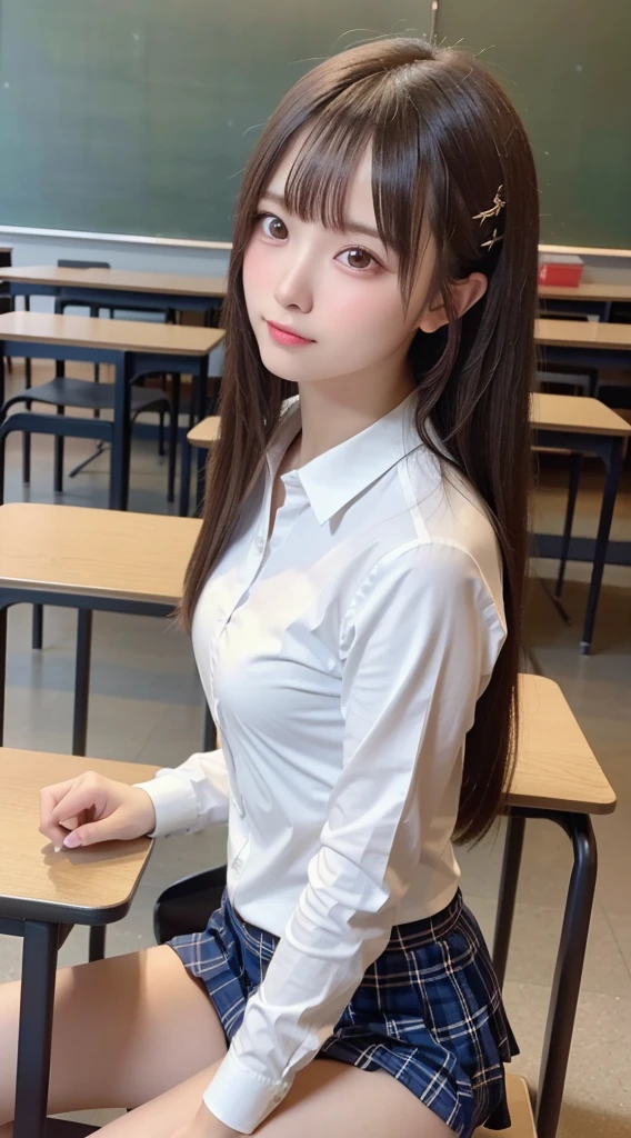 a beauty girl、Very very cute face、(((Very small breasts)))、slender body and limbs、(Keep previous face)、小柄、flat breast、Student uniform、The shirt、vests、skirt by the