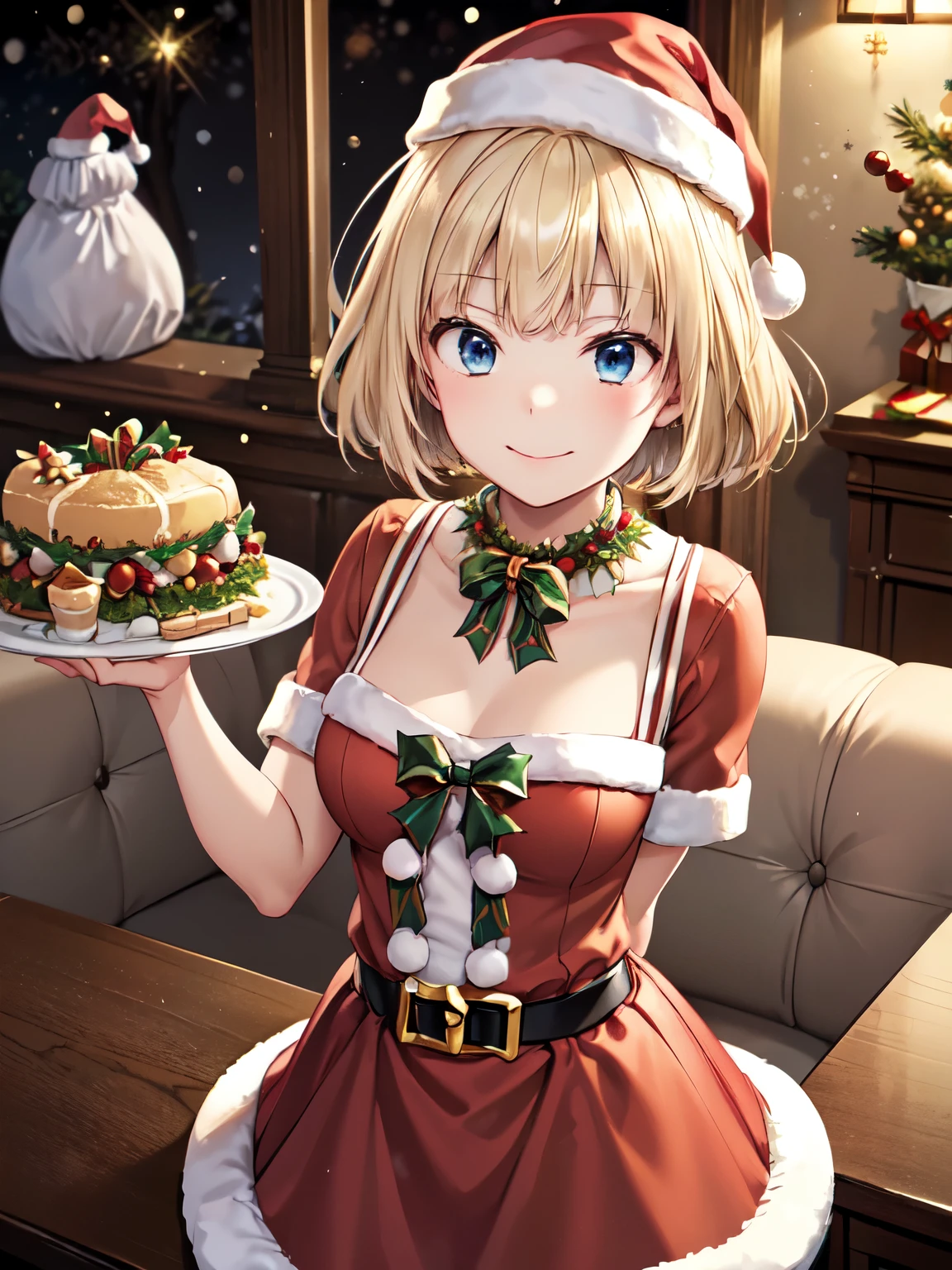 masterpiece,最 high quality, high resolution on down,Super detailed, one girl playing pranks、solo、 closed mouth、smile、Princess Meer, One side up, hair clip that invites you with your hand,indoor,Cafe, closed mouth、smile,(Advanced Details,  high quality:1.3)、Beautiful golden hair 、 (Santa hat、Santa costume:1.5)、(Genuine、Realistic、Realistic:1.2)、 high resolution on down、超 high resolution on down、Fine painting、 physics-based rendering taking a selfie with one hand、 cowboy shot 