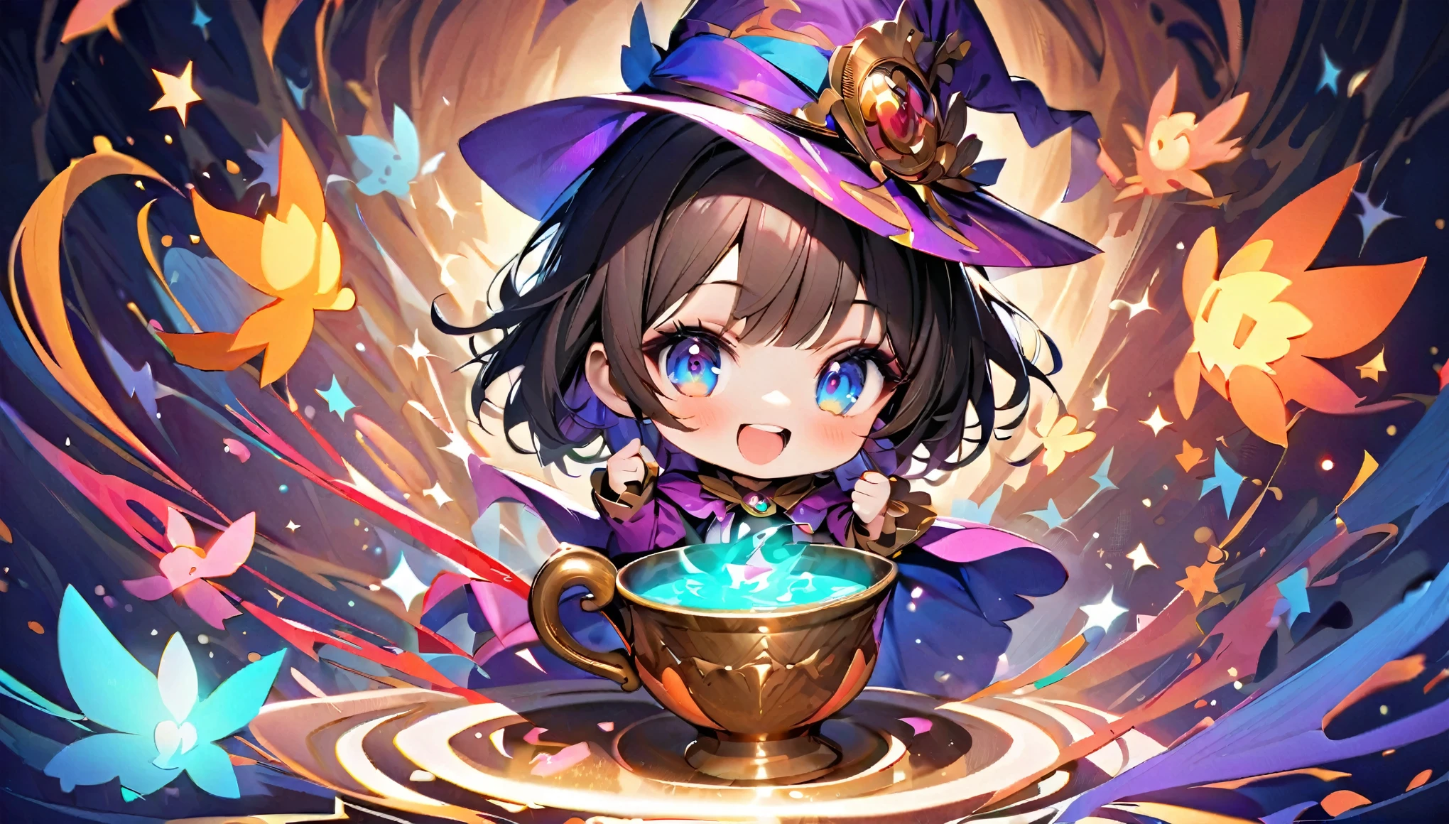 masterpiece, Best Quality, magic使いのお茶会, magic tea party, magic, Chibi, The charming witches, High definition realistic eyes,  happy , Vibrant, colorful,