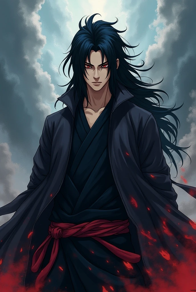 anime style, male , cold , villain , long black hair, crimson eyes , black kimonno with golden strips , dark souls like backgroung