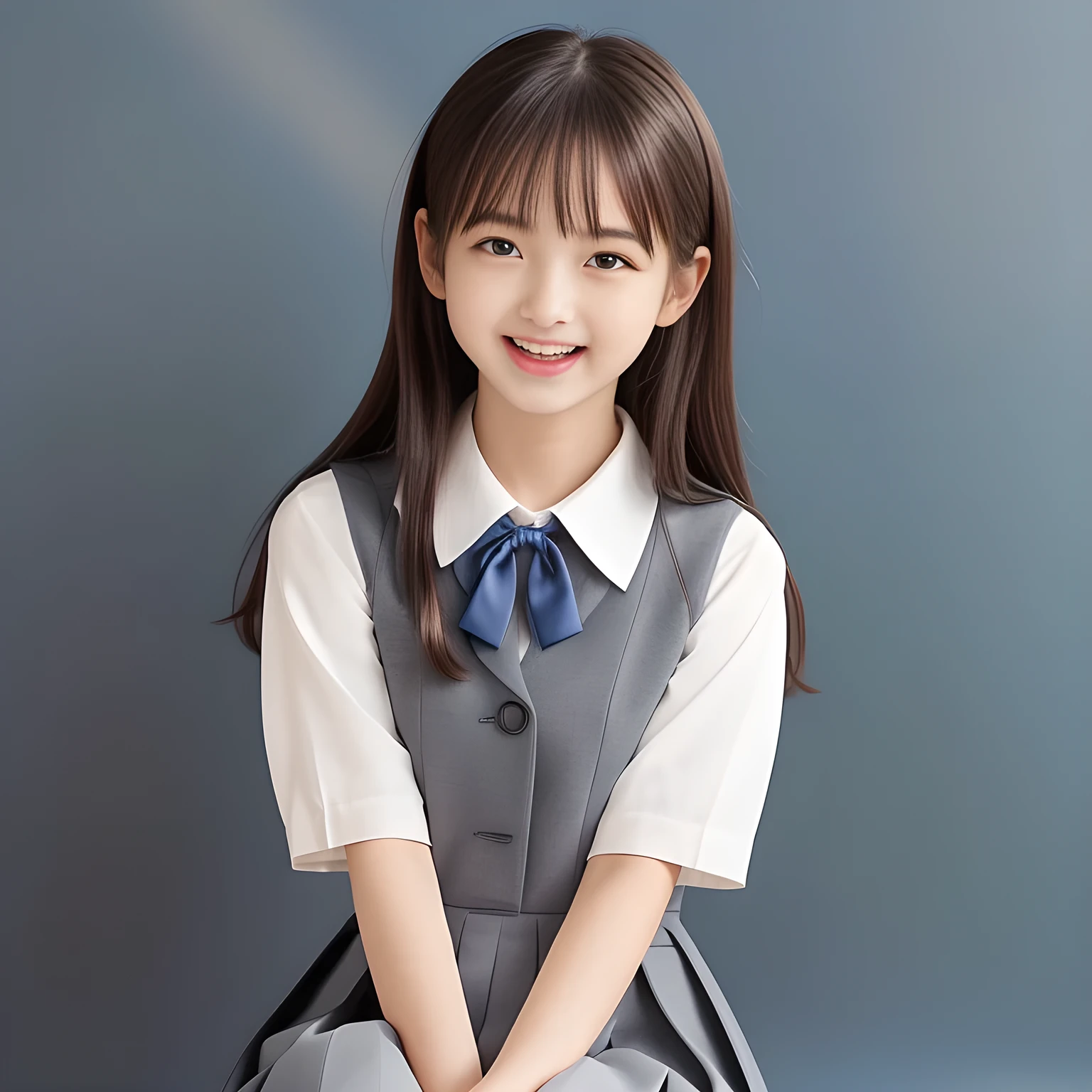 (Highest quality, masterpiece:1.2), Highest quality, High resolution, 1080P, 8k, height: 158cm, (A **** Japanese beautiful fashion model is seated, showing her palms, looking at the viewer, showing her cutest smile, very white face, using face-whitening cosmetics, prominent cool eyes, opened laughing giggling most open mouth, gray-gray-blue school summer uniform with gray-gray-blue vest and widely-boxed-pleats-short-skirt and silk blouse and red breast ribbon pulled by her hands, well-straitened super-super-long well-trimmed long hair: 1.5), (white thighs and knees: 1.7), (Well-balanced, prominent, lovely, drooping, double-eyelids, brown shiny large prominent eyes with detailed: 1.5), (gray-gray-blue school uniform with gray-gray-blue vest and boxed-pleats-skirt, short-sleeves silk blouse, glossy red breast ribbon: 1.5), ((Beautiful well-figured glossy opened lips like fortissimo soprano singer: 1.2)), (mature breast), (Girl whom everyone loves because of her beauty and beautiful eyes and lovely fashion and noble manner), (Very beautiful, glossy, cute neat black hair, straight well-done hair-style: 1.3), (Drives me crazy for her glossy neat hair and Make me fall into love), (plain blue background: 1.6), (Best style like a **** fashion model, mature breast), (((Completely balanced beautiful big big eyes, looking at me))), (eyes, face and hair are especially beautifully detailed and beautifully drawn: 1.5), (Satisfactory best shot by professional famous photographer for school girl's beauty: 1.5), (The soft white light clearly shows her face extremely white: 1.2), (Very soft laughing cheeks, very soft hands pulling the breast ribbon down, People who touch it feel eternal pleasure: 1.2), (pure-pure, **** too much beautiful idol: 1.8), (Everything become like a water-fountain where she touches)