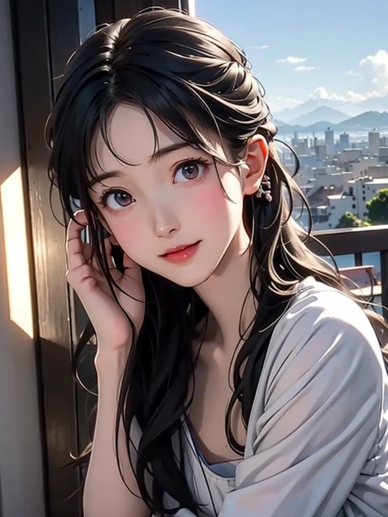  high resolution on down, 8k, Best Quality,  Details, Semi-realistic anime, 3D anime style,  Smooth Animated CG ,  one girl playing pranks,  A 20-year-old Japanese woman , slim, Modeling, Shiny black hair,  Detailsな顔, Beautiful and  Details,  Glowing Skin ,  Hard Focus 、 film grain,  Soft Lighting,  watching the audience in the cloud , smile, (Mountain Climbing Girl 、Mountaineering clothing),  Mountain Views 、City and Ocean Views 