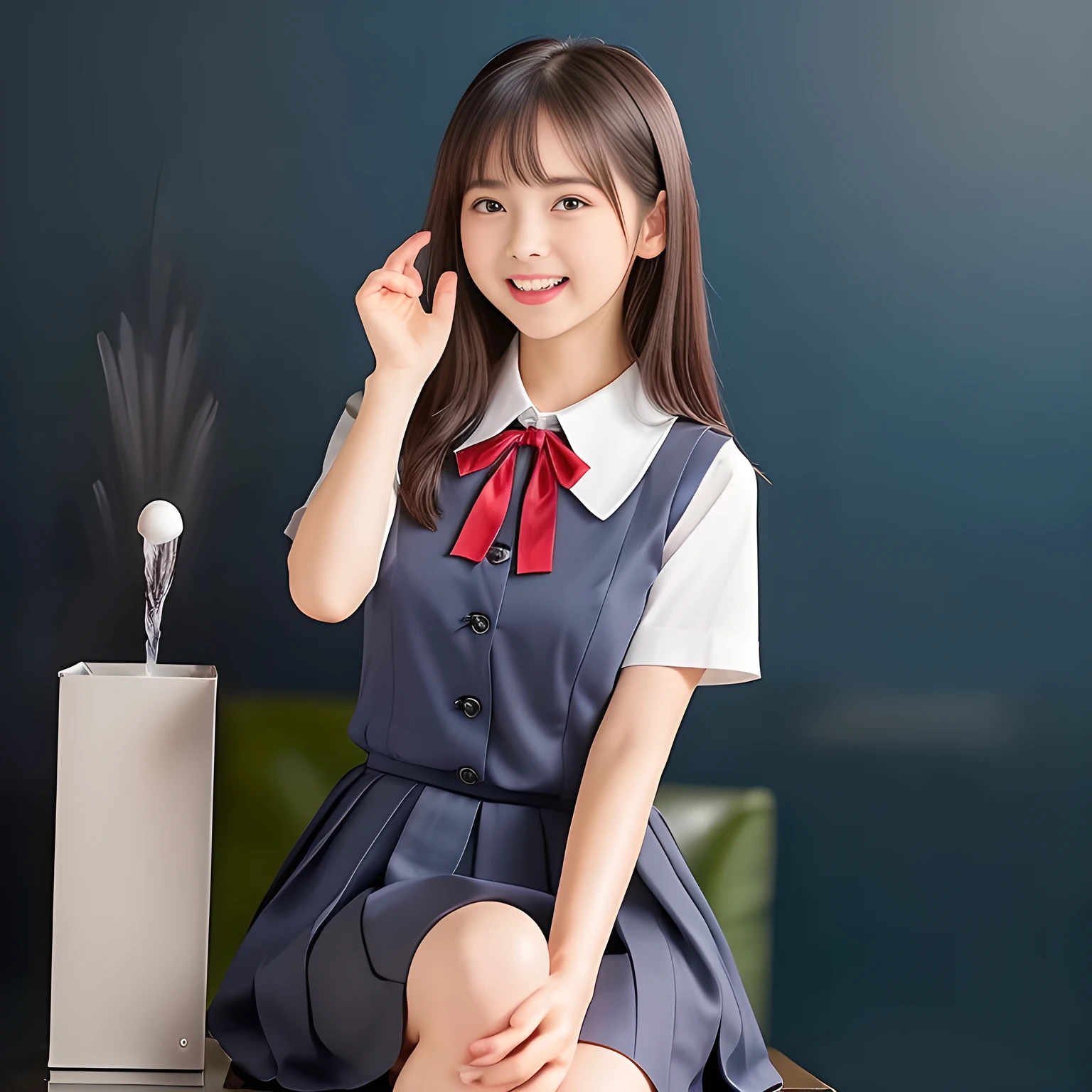 (Highest quality, masterpiece:1.2), Highest quality, High resolution, 1080P, 8k, height: 158cm, (A **** Japanese beautiful fashion model is seated, showing her palms, looking at the viewer, showing her cutest smile, very white face, using face-whitening cosmetics, prominent cool eyes, opened laughing giggling most open mouth, gray-gray-blue school summer uniform with gray-gray-blue vest and widely-boxed-pleats-short-skirt and silk blouse and red breast ribbon pulled by her hands, well-straitened super-super-long well-trimmed long hair: 1.5), (white thighs and knees: 1.7), (Well-balanced, prominent, lovely, drooping, double-eyelids, brown shiny large prominent eyes with detailed: 1.5), (gray-gray-blue school uniform with gray-gray-blue vest and boxed-pleats-skirt, short-sleeves silk blouse, glossy red breast ribbon: 1.5), ((Beautiful well-figured glossy opened lips like fortissimo soprano singer: 1.2)), (mature breast), (Girl whom everyone loves because of her beauty and beautiful eyes and lovely fashion and noble manner), (Very beautiful, glossy, cute neat black hair, straight well-done hair-style: 1.3), (Drives me crazy for her glossy neat hair and Make me fall into love), (plain blue background: 1.6), (Best style like a **** fashion model, mature breast), (((Completely balanced beautiful big big eyes, looking at me))), (eyes, face and hair are especially beautifully detailed and beautifully drawn: 1.5), (Satisfactory best shot by professional famous photographer for school girl's beauty: 1.5), (The soft white light clearly shows her face extremely white: 1.2), (Very soft laughing cheeks, very soft hands pulling the breast ribbon down, People who touch it feel eternal pleasure: 1.2), (pure-pure, **** too much beautiful idol: 1.8), (Everything become like a water-fountain where she touches: 1.5)