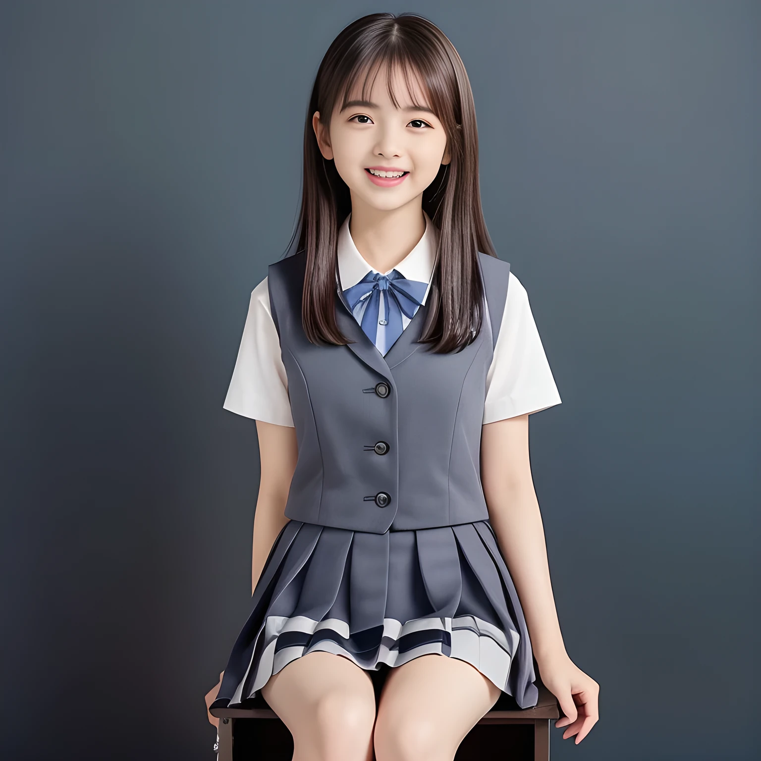 (Highest quality, masterpiece:1.2), Highest quality, High resolution, 1080P, 8k, height: 158cm, (A yo Japanese beautiful fashion model is seated, showing her palms, looking at the viewer, showing her cutest smile, very white face, using face-whitening cosmetics, prominent cool eyes, opened laughing giggling most open mouth, gray-gray-blue school summer uniform with gray-gray-blue vest and widely-boxed-pleats-short-skirt and silk blouse and red breast ribbon pulled by her hands, well-straitened super-super-long well-trimmed long hair: 1.5), (white thighs and knees: 1.7), (Well-balanced, prominent, lovely, drooping, double-eyelids, brown shiny large prominent eyes with detailed: 1.5), (gray-gray-blue school uniform with gray-gray-blue vest and boxed-pleats-skirt, short-sleeves silk blouse, glossy red breast ribbon: 1.5), ((Beautiful well-figured glossy opened lips like fortissimo soprano singer: 1.2)), (mature breast), (Girl whom everyone loves because of her beauty and beautiful eyes and lovely fashion and noble manner), (Very beautiful, glossy, cute neat black hair, straight well-done hair-style: 1.3), (Drives me crazy for her glossy neat hair and Make me fall into love), (plain blue background: 1.6), (Best style like a 13 fashion model, mature breast), (((Completely balanced beautiful big big eyes, looking at me))), (eyes, face and hair are especially beautifully detailed and beautifully drawn: 1.5), (Satisfactory best shot by professional famous photographer for school girl's beauty: 1.5), (The soft white light clearly shows her face extremely white: 1.2), (Very soft laughing cheeks, very soft hands pulling the breast ribbon down, People who touch it feel eternal pleasure: 1.2), (pure-pure, 13yo too much beautiful idol: 1.8), (Everything become like a water-fountain where she touches: 1.5)