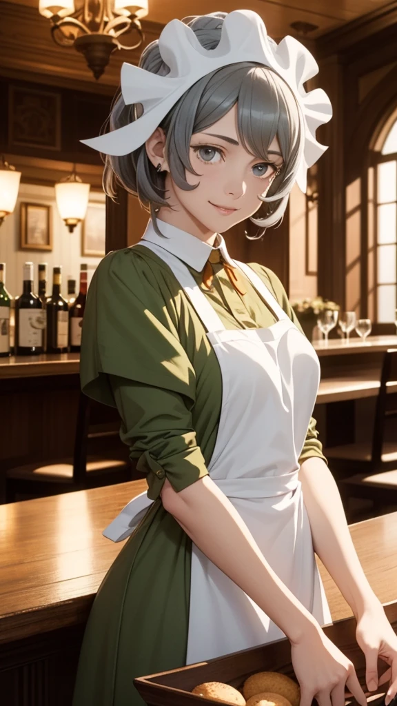 Masterpiece, incredibly absurdres, anime style, fantasy, award winning photography , extremely detailed, amazing, awesome, ultra detailed depictions artwork, fine detail, woman , solo, looking at viewer, front view:1.2, (syr flova, grey hair, maid headdress, green dress, apron) , (detailed beautiful face , detailed beautiful eyes, smile ), she is in restaurant , bar, old European style,  holding a tray , cinematically lighting , realistic rendering , best shot , (fantasy world, beautiful nostalgic restaurant, very old European country style, intricate designs ,in background)