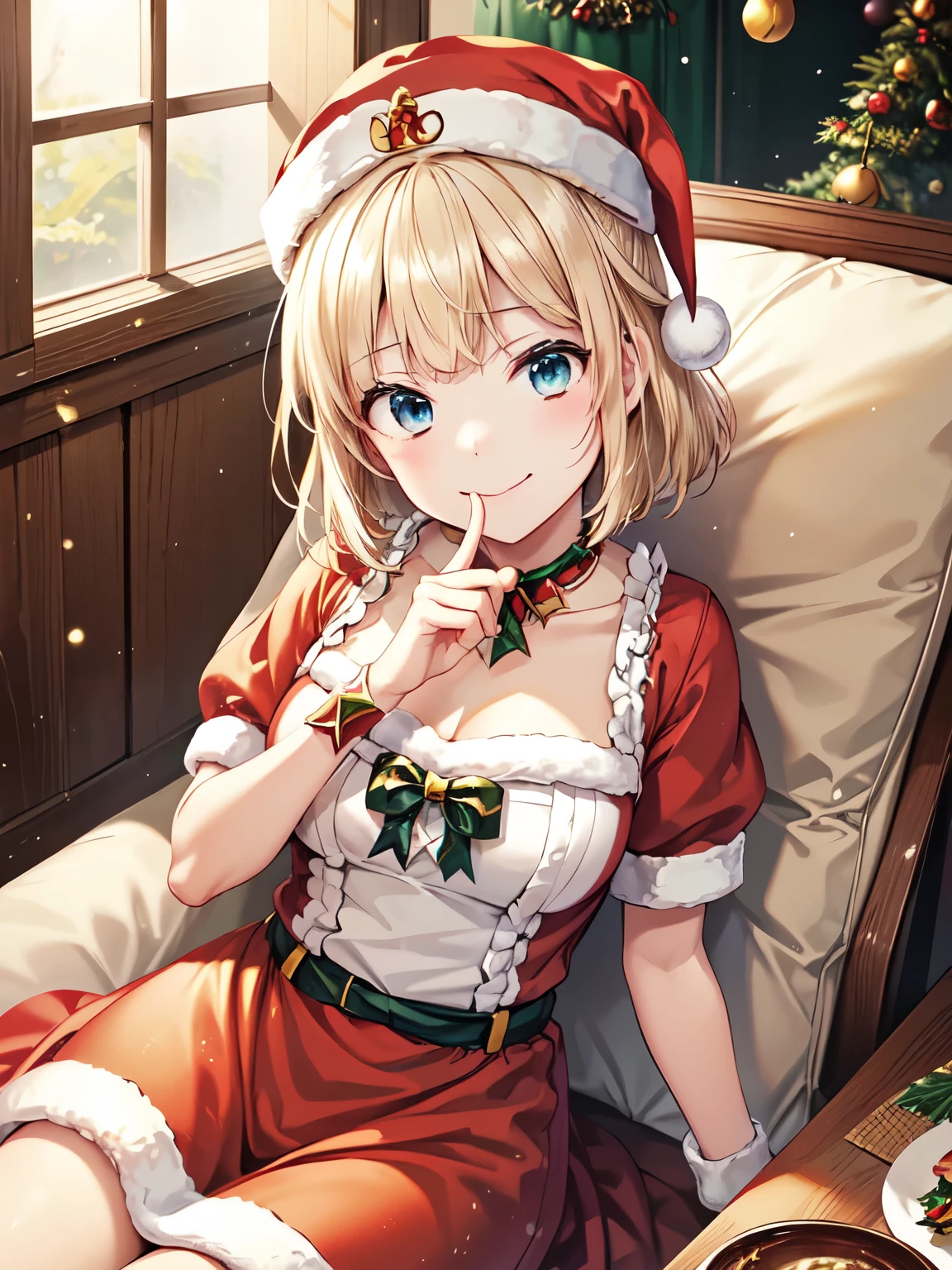 masterpiece,最 high quality, high resolution on down,Super detailed, one girl playing pranks、solo、Sitting、 closed mouth、smile、Princess Meer,, hair clip that invites you with your hand,indoor,Cafe, closed mouth、smile,(Advanced Details,  high quality:1.3)、Beautiful golden hair 、 (Santa hat、Santa costume:1.5)、(Genuine、Realistic、Realistic:1.2)、 high resolution on down、超 high resolution on down、Fine painting、 physics-based rendering taking a selfie with one hand、 cowboy shot 