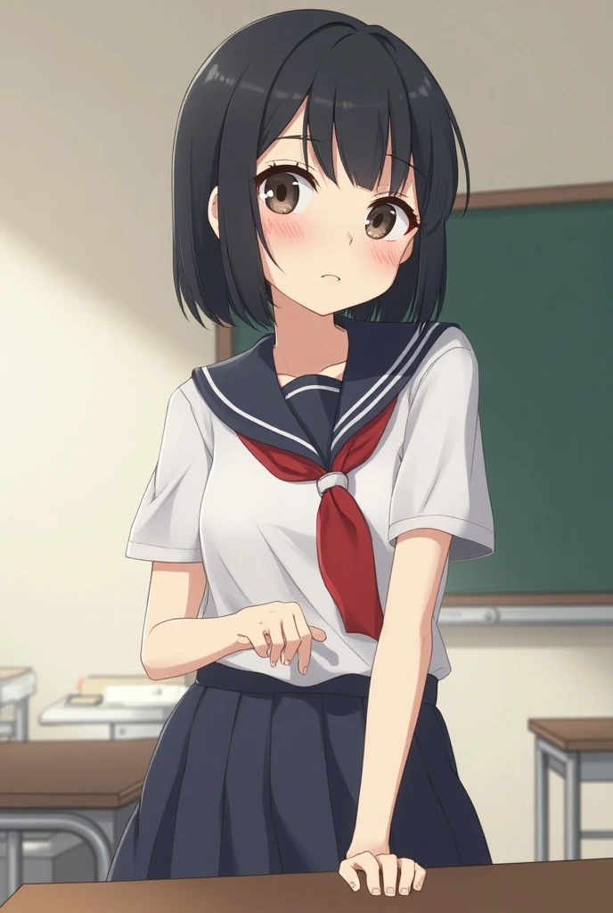 nsfw,alone, (One girl), Elementary school girl,8-year-old, (Lower body naked)、 sexy, ((Put your arms behind your head)), (wearing only the top half of sailor school uniform)、classroom, With a girl:Her hair is long and black, Her face is round and cute, Black Hair,Low twin tails, , (Are standing),(Shy, Embarrassing),(((pussy,Female organ,Pussy))),((from below)),((pussy juice)),