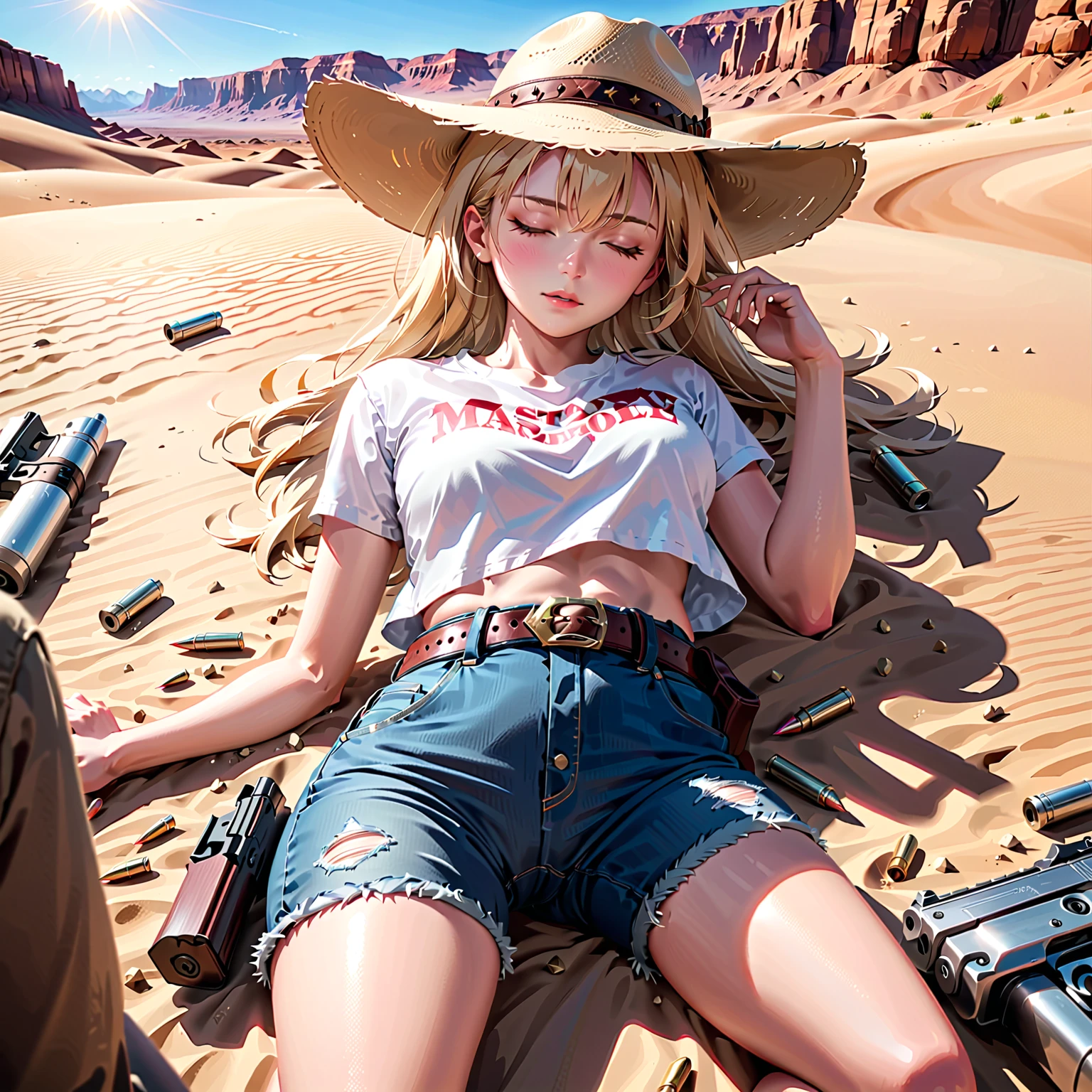 (best quality, 4k, 8k, highres, masterpiece:1.2), 1girl, , on the ground, lying on back, blond hair, bangs, closed eyes, bullet wound, pain, white shirt, exposed midriff, jeans, belt, gun belt, holster, masterpiece background, desert or vintage western movie setting, ray tracing, sunshine beam, cowboy hat on the ground
	