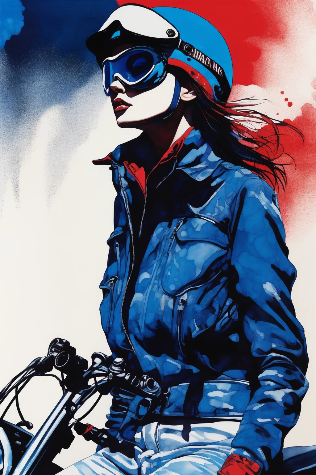 chiaroscuro technique illustration of a silhouette with blue indigo colours, vintage , eerie, matte painting, by Hannah Dale, by Harumi Hironaka,motocross goggles red colorsriding motocross fierce look full body
