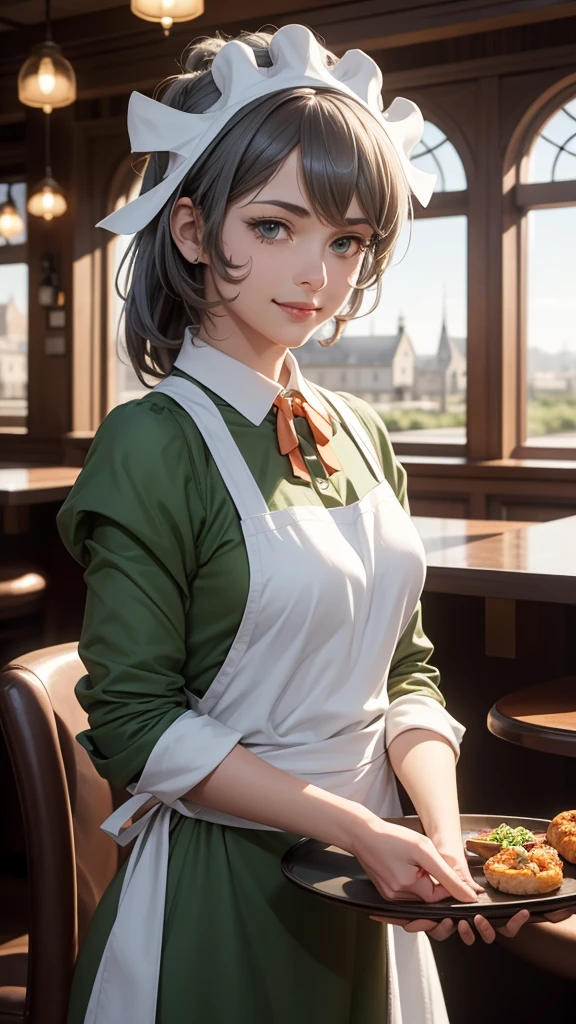 Masterpiece, incredibly absurdres, anime style, fantasy, award winning photography , extremely detailed, amazing, awesome, ultra detailed depictions artwork, fine detail, woman , solo, looking at viewer, front view:1.2, (syr flova, grey hair, maid headdress, green dress, apron) , (detailed beautiful face , detailed beautiful eyes, smile ), she is in restaurant , bar, old European style,  holding a tray , cinematically lighting , realistic rendering , best shot , (fantasy world, beautiful nostalgic restaurant, very old European country style, intricate designs ,in background)