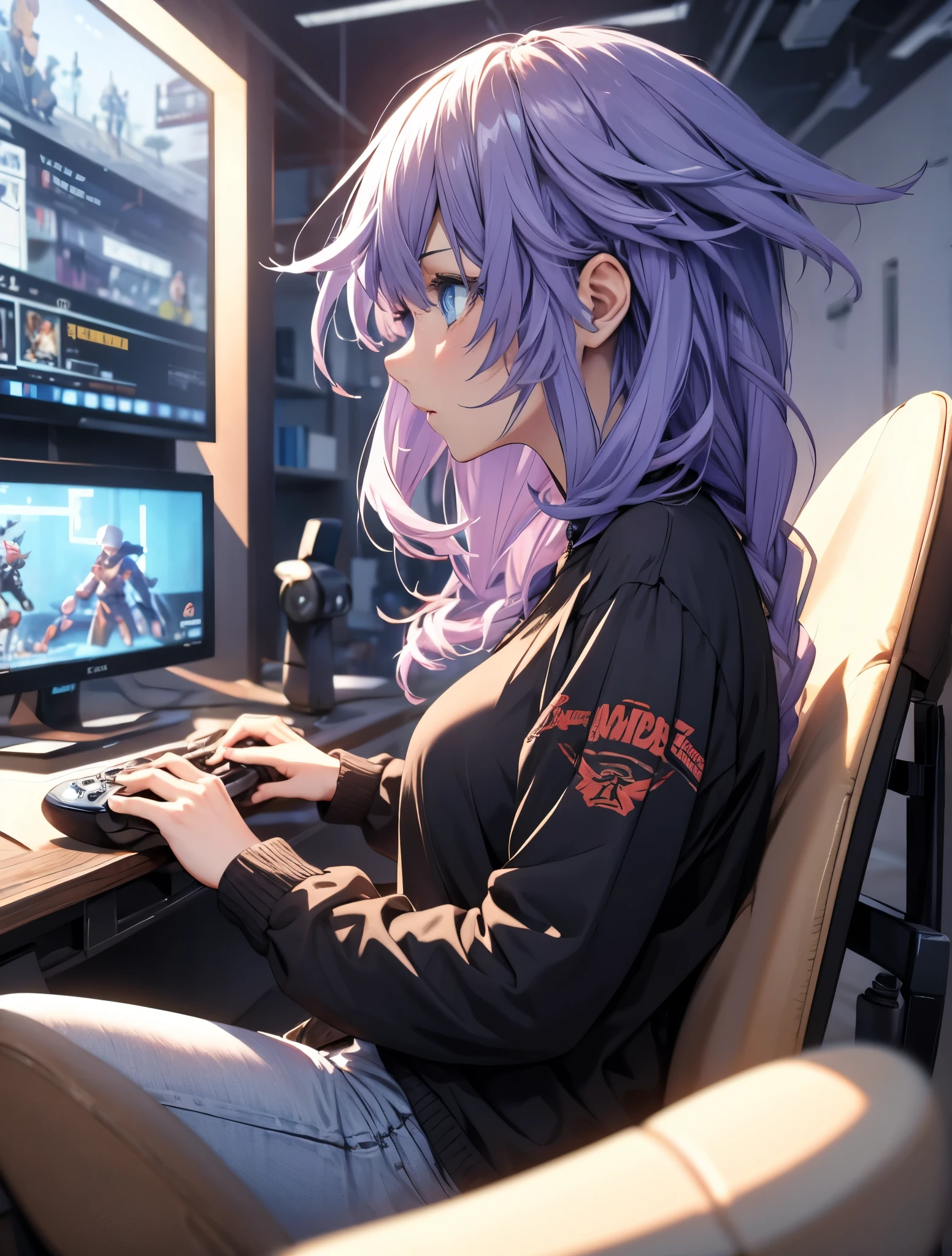 front side profile, casual urban clothing , playing video games