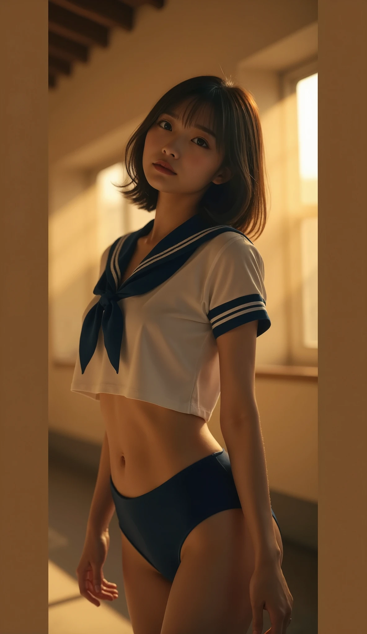 Perfect composition, Proper placement, Golden Ratio, above the knee, beautiful Japanese woman , Brown Hair, Ahoge:1.21, Brown Eyes :1.21, Traditional sailor uniform figure from a prestigious high school in Tokyo , perfect beauty, flat chest:1.331, Slender body:1.331, Thin limbs:1.331, Thin Waist:1.331, Small Ass:1.331, COMPLETE ANATOMY :1.331, has a small head :1.331, Traditional sailor uniform from a prestigious high school in Tokyo , white, Short Sleeve Sailor Suit :1.21, sera fuku:1.21, Sailor suit top:1.21, Underneath are panties:1.21, Navy blue silk panties:1.21, perfect beauty, In closed schools, Daytime:1.21, , Emotional and dynamic cinematic lighting ,