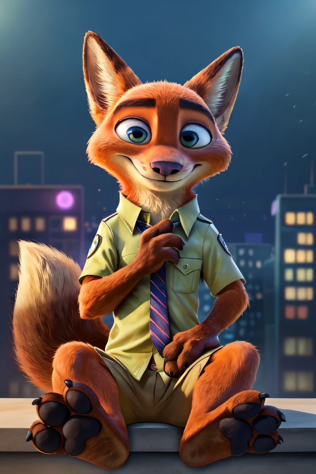 handsome,solo_1 Nick Wild,Zootopia sitting and showing paws, wearing a pale green buttoned shirt, ,eyes with a mischievous glint, dark blue eyes, average build, good eyes, warm lighting, 8k semi realistic, small grin, barefoot ((small claws on toes)) ((four toes)) (fox tail) ((legs up against shoulders)) ((Nick Wild)) (paws) (four toes)) (five toes)) ((black pawpads)) ((black claws)) ((City background from Zootopia)) (four toes)) ((paws to the front)) ((Solo)) ((four toes)) 4tos
8(paws with four toes))