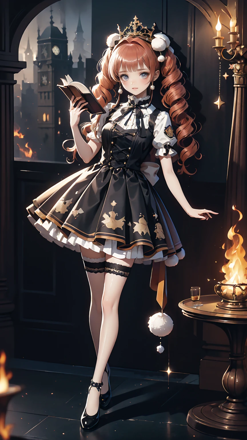 ( full body, legs and shoes visible: 1.2))  expressive eyes , woman, Pale skin, Long Hair,  hair fluttering like the wind, ((Long Hair)), long side lock , Princess Bangs, Hair bangs, Hair Bun, ((Long twin hair)),  Flaming Hair, Red Hair,  blanking in books, full face  blanking in books, Big Sparkling Red Eyes , ( gradient eyes),  open your mouth and smile, cute pose, Flowing, fiery dress, (( Crimson Multicolor Open Dress )), (mist), Orange Frills, Yellow Frill, ( Light Red Lace ), Removable short sleeves,  Fluffy skirts , ((Fire and Star Print Skirt : 1.3)), ****There is a skirt。, Dark red bow, ((Pompom ribbon hair accessory : 1.4)), Multiple Bows,  Striped Lace Stockings , (Heart-shaped leg garters), cute (Deep Orange) shoes (( Highly Detailed Clothing and Fashion ))  is watching you, ,  blanking in books, (  BEAUTIFUL WITH DETAIL BEAUTIFUL EYES  ), ( Extremely High Definition CG Unity 8K Wallpaper) ( best shadow ), (( very delicate and beautiful)), (Detailed light), (( faces with a depth of writing )) Big Head, Big, bright eyes, Moe,  Splash Art ,  Movie Lighting, Front View,  Volumetric Lighting Extremist Photo Illustration with 64k Resolution Complex and Detailed Key Visuals Accurate Linear ((With a dark palace in the background, surrounded by expensive decorations,  shooting stars )) ((Ultra detailed views ,  Foggy ,  Darkness : 1.3))
