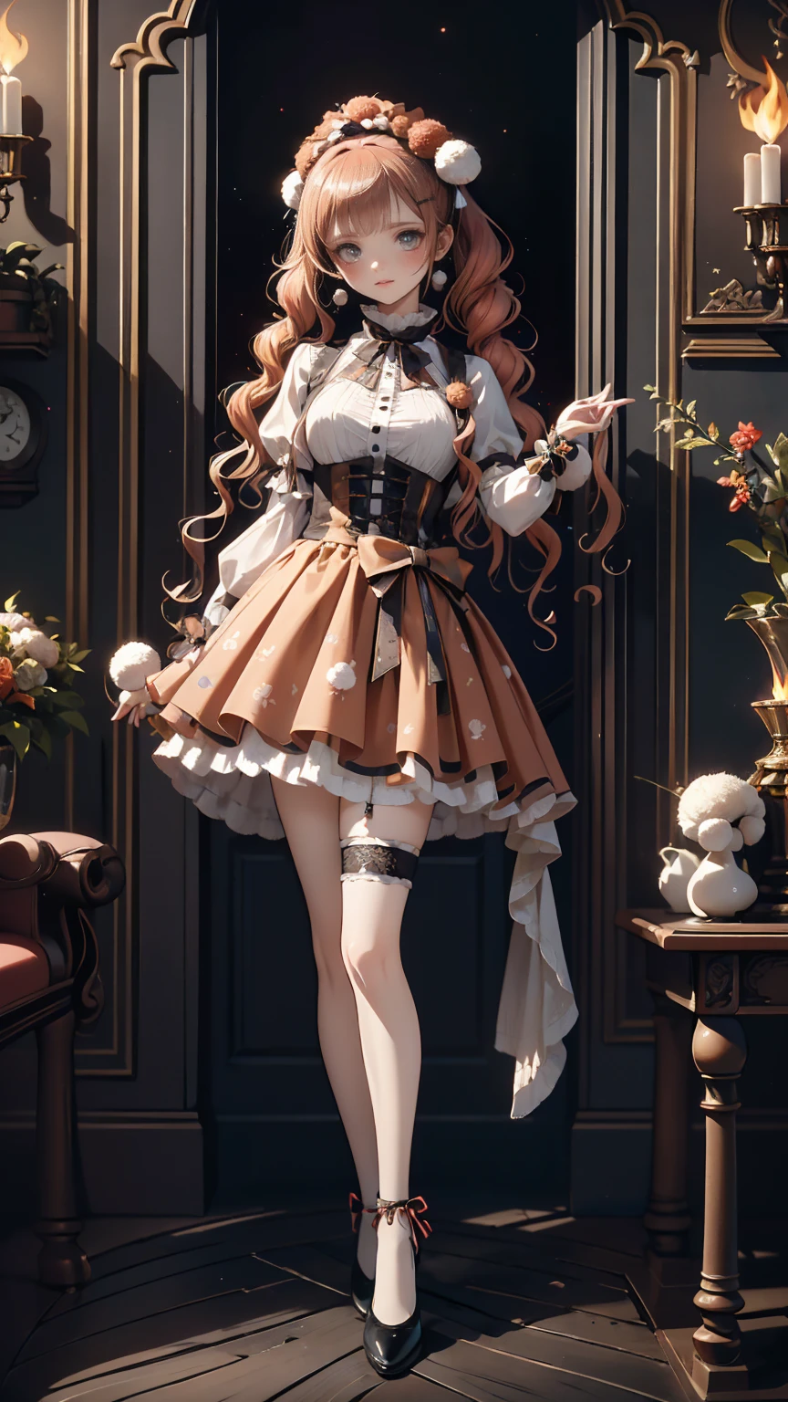 ( full body, legs and shoes visible: 1.2))  expressive eyes , woman, Pale skin, Long Hair,  hair fluttering like the wind, ((Long Hair)), long side lock , Princess Bangs, Hair bangs, Hair Bun, ((Long twin hair)),  Flaming Hair, Red Hair,  blanking in books, full face  blanking in books, Big Sparkling Red Eyes , ( gradient eyes),  open your mouth and smile, cute pose, Flowing, fiery dress, (( Crimson Multicolor Open Dress )), (mist), Orange Frills, Yellow Frill, ( Light Red Lace ), Removable short sleeves,  Fluffy skirts , ((Fire and Star Print Skirt : 1.3)), ****There is a skirt。, Dark red bow, ((Pompom ribbon hair accessory : 1.4)), Multiple Bows,  Striped Lace Stockings , (Heart-shaped leg garters), cute (Deep Orange) shoes (( Highly Detailed Clothing and Fashion ))  is watching you, ,  blanking in books, (  BEAUTIFUL WITH DETAIL BEAUTIFUL EYES  ), ( Extremely High Definition CG Unity 8K Wallpaper) ( best shadow ), (( very delicate and beautiful)), (Detailed light), (( faces with a depth of writing )) Big Head, Big, bright eyes, Moe,  Splash Art ,  Movie Lighting, Front View,  Volumetric Lighting Extremist Photo Illustration with 64k Resolution Complex and Detailed Key Visuals Accurate Linear ((With a dark palace in the background, surrounded by expensive decorations,  shooting stars )) ((Ultra detailed views ,  Foggy ,  Darkness : 1.3))
