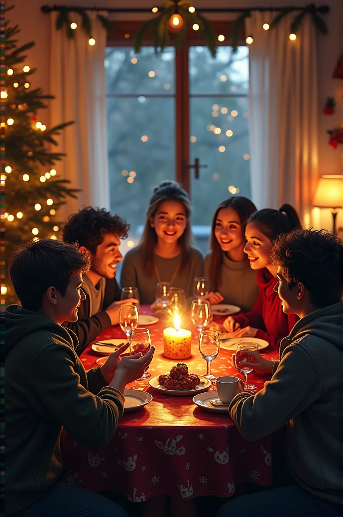 Imagine uma cena calorosa e acolhedora em uma casa decorada para o Natal. A festively set table is full of delicacies, surrounded by family members who gather with sincere smiles. Soft candlelight creates an intimate atmosphere, while the Christmas tree in the background sparkles with colorful lights and sparkling decorations.

The family shares moments of joy and gratitude at the table, gather together for a meal that is more than just feeding the body; is to nourish the spirit. Happy expressions reflect the shared love and deep connection that characterize Christmas celebrations..

Detalhes cuidadosamente considerados, como guardanapos ornamentados e copos brilhantes, add to the festive atmosphere. Excited children exchange excited glances while adults exchange stories and laughs. The scene is a testament to the beauty of family togetherness during the Christmas season..

This image conveys the essence of Christmas, highlighting the importance of family bonds and shared celebration in an environment full of joy and love.