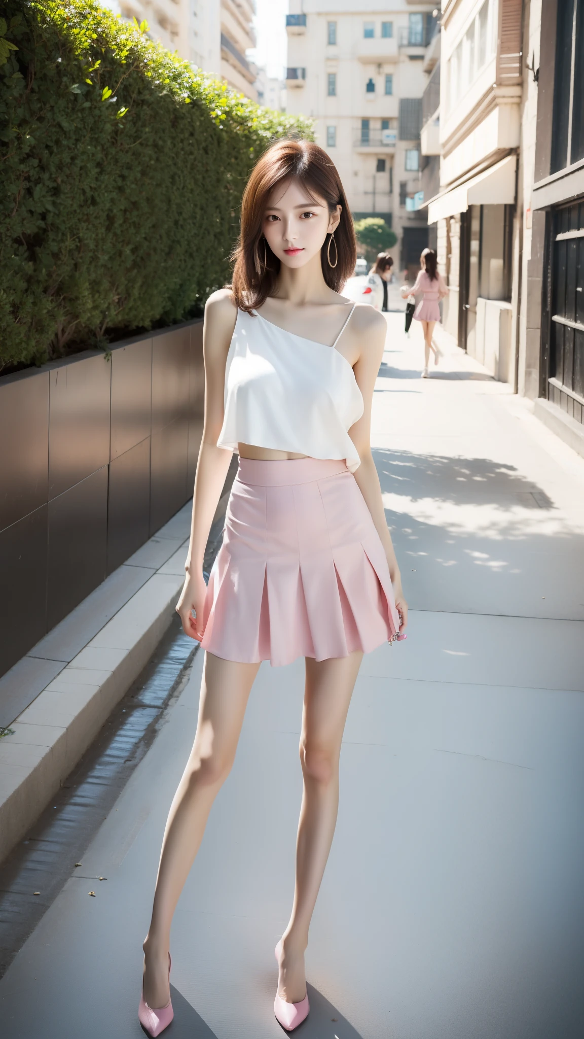  super sharp resolution，Young girl，Shoulder-length hair，Light hair color，Earrings， clear eyes ，No makeup，Lip Gloss，Perfect face，Fair skin，Perfect breasts，C cup breasts，Long and slender legs，Very long legs，Sexy loose deep V top， pink office miniskirt，shoe，Empty outdoors