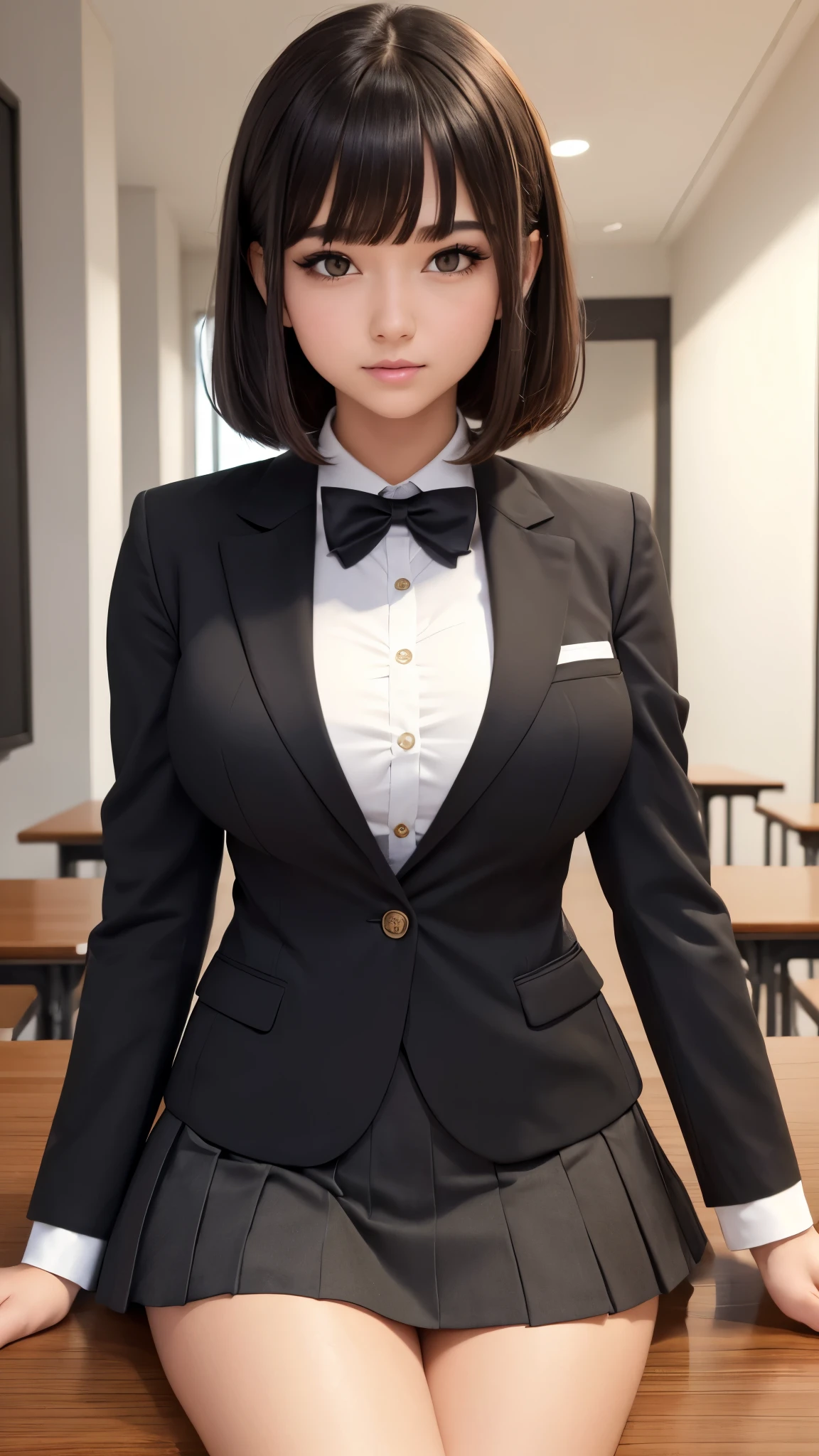 Detailed face、highlight、Asian、girl、thigh、breast enhancement、Black Hair、Heavy bangs、skirt、blazer、
