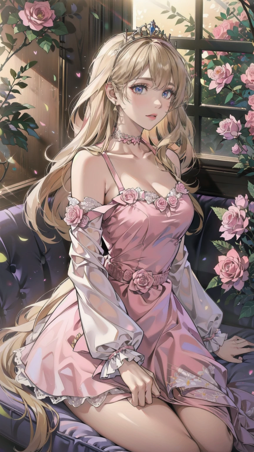 (8k, Best Quality, masterpiece: 1.2),  Ultra High Definition ,, Marie Antoinette, ultra detailed face ,fine grain, open your mouth slightly ,(blonde),Long Hair, wavy hair in front of the station, break,Rococo Ruffle Dress,Long sleeve dress, The dress has a long skirt , Baroque Dress ,  intricate fantasy dress , Gorgeous glamorous dress,  romantic dress,  Costume with frills  ,lottery, Data Style, Formal Wear, Fancy Fashion, palate colors include pink and white,(pink:1.5),Class A Smile,Gold Tiara,  necklace ,Sit in a fancy chair,  hands on needs  ,( rainbow light :1.4),,Profile of a person looking out a window,The rosebush is reflected in the window,(Inside Victoria Palace)、Her eyes are shining、今彼女のblondeの髪は腰まで伸びている、Rose-colored gradation and three, 薄いpinkのロック. 彼女は花柄の装飾が施されたGold Tiaraを着用し、 Matching earrings  , white flower choker. 彼女は金色のボタンで縁取られたフリル付きの白いストライプのpinkのトップを着ている, The white sleeves are in the shape of a bud .. A magenta ribbon runs down her chest..、Tie at the back of the neck、Matching chest piece, Decorated with flowers. Her frilly skirt is divided by a white line, Fastened with a large magenta ribbon、Decorated with gold, There is a small ribbon on the back. Her mini skirt、薄いpinkのマゼンタの貝殻状の裏地と白い花のペチコートでできている. 彼女はpinkの花がついた白い手袋も着用している, 白と薄いpinkの靴には、ゆるいカフとDecorated with flowersたマゼンタのリボンがある.
