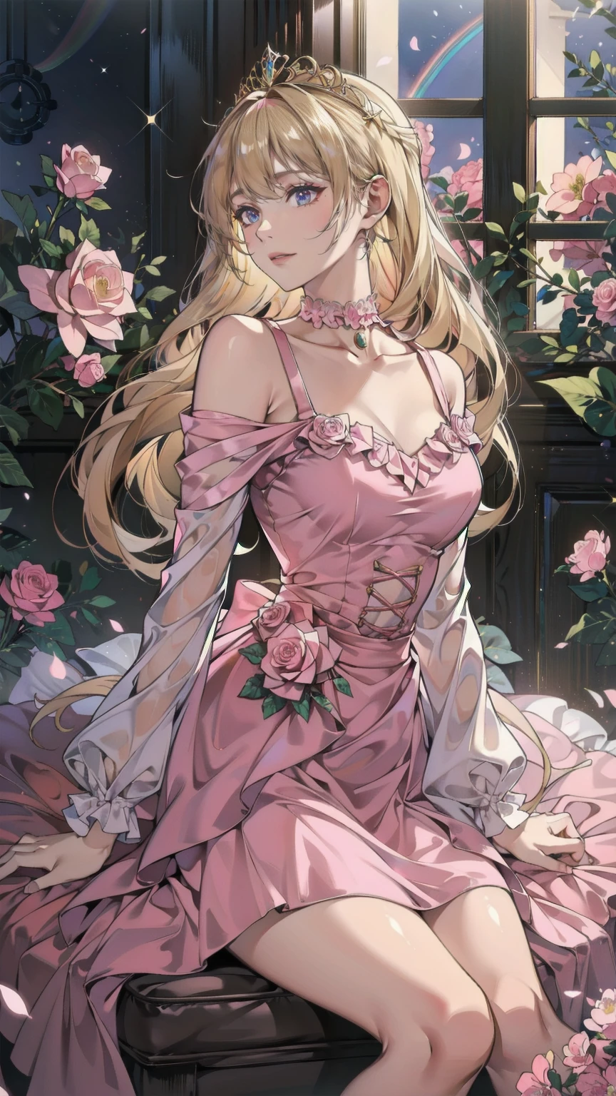 (8k, Best Quality, masterpiece: 1.2),  Ultra High Definition ,, Marie Antoinette, ultra detailed face ,fine grain, open your mouth slightly ,(blonde),Long Hair, wavy hair in front of the station, break,Rococo Ruffle Dress,Long sleeve dress, The dress has a long skirt , Baroque Dress ,  intricate fantasy dress , Gorgeous glamorous dress,  romantic dress,  Costume with frills  ,lottery, Data Style, Formal Wear, Fancy Fashion, palate colors include pink and white,(pink:1.5),Class A Smile,Gold Tiara,  necklace ,Sit in a fancy chair,  hands on needs  ,( rainbow light :1.4),,Profile of a person looking out a window,The rosebush is reflected in the window,(Inside Victoria Palace)、Her eyes are shining、今彼女のblondeの髪は腰まで伸びている、Rose-colored gradation and three, 薄いpinkのロック. 彼女は花柄の装飾が施されたGold Tiaraを着用し、 Matching earrings  , white flower choker. 彼女は金色のボタンで縁取られたフリル付きの白いストライプのpinkのトップを着ている, The white sleeves are in the shape of a bud .. A magenta ribbon runs down her chest..、Tie at the back of the neck、Matching chest piece, Decorated with flowers. Her frilly skirt is divided by a white line, Fastened with a large magenta ribbon、Decorated with gold, There is a small ribbon on the back. Her mini skirt、薄いpinkのマゼンタの貝殻状の裏地と白い花のペチコートでできている. 彼女はpinkの花がついた白い手袋も着用している, 白と薄いpinkの靴には、ゆるいカフとDecorated with flowersたマゼンタのリボンがある.
