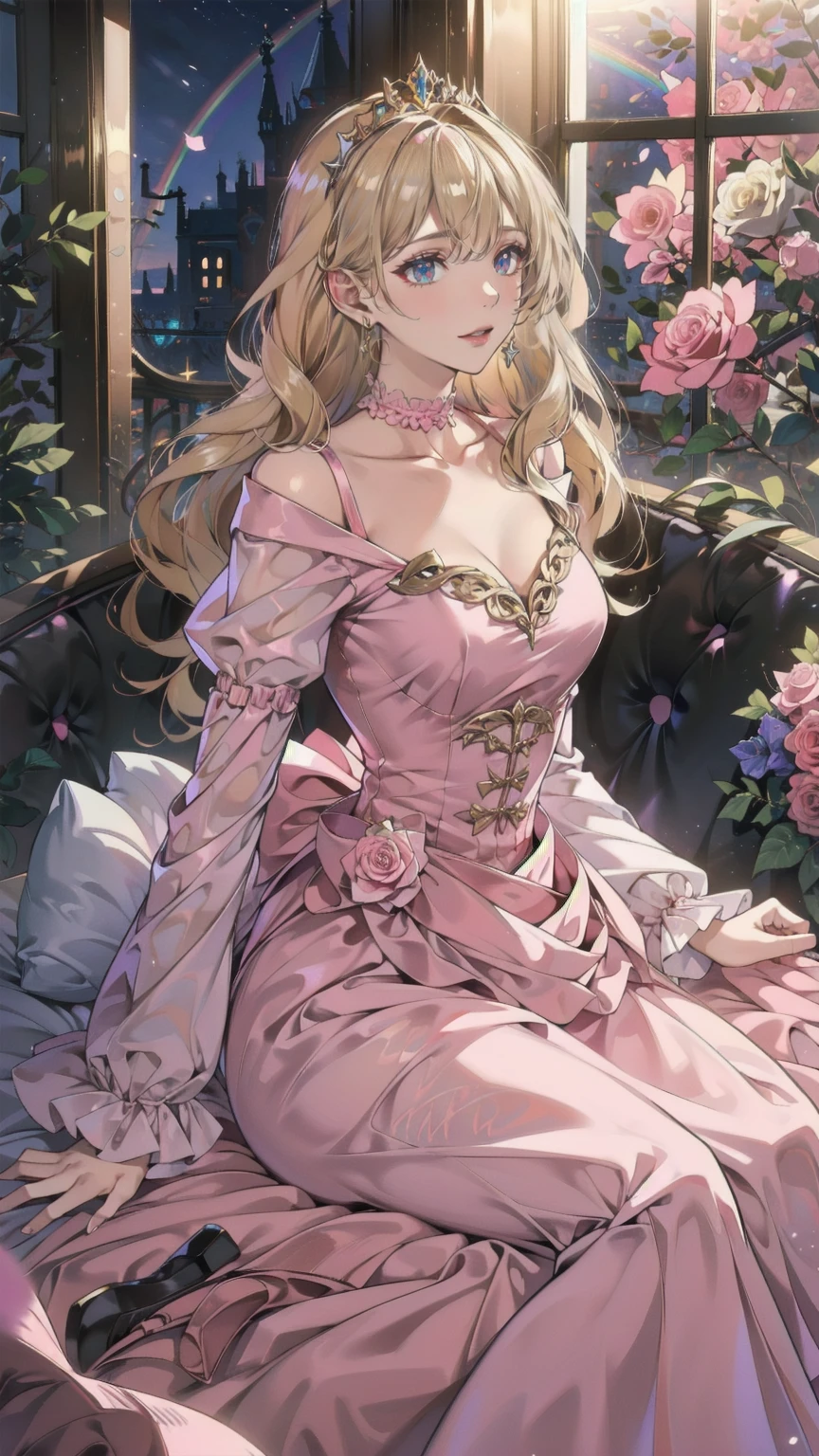 (8k, Best Quality, masterpiece: 1.2),  Ultra High Definition ,, Marie Antoinette, ultra detailed face ,fine grain, open your mouth slightly ,(blonde),Long Hair, wavy hair in front of the station, break,Rococo Ruffle Dress,Long sleeve dress, The dress has a long skirt , Baroque Dress ,  intricate fantasy dress , Gorgeous glamorous dress,  romantic dress,  Costume with frills  ,lottery, Data Style, Formal Wear, Fancy Fashion, palate colors include pink and white,(pink:1.5),Class A Smile,Gold Tiara,  necklace ,Sit in a fancy chair,  hands on needs  ,( rainbow light :1.4),,Profile of a person looking out a window,The rosebush is reflected in the window,(Inside Victoria Palace)、Her eyes are shining、今彼女のblondeの髪は腰まで伸びている、Rose-colored gradation and three, 薄いpinkのロック. 彼女は花柄の装飾が施されたGold Tiaraを着用し、 Matching earrings  , white flower choker. 彼女は金色のボタンで縁取られたフリル付きの白いストライプのpinkのトップを着ている, The white sleeves are in the shape of a bud .. A magenta ribbon runs down her chest..、Tie at the back of the neck、Matching chest piece, Decorated with flowers. Her frilly skirt is divided by a white line, Fastened with a large magenta ribbon、Decorated with gold, There is a small ribbon on the back. Her mini skirt、薄いpinkのマゼンタの貝殻状の裏地と白い花のペチコートでできている. 彼女はpinkの花がついた白い手袋も着用している, 白と薄いpinkの靴には、ゆるいカフとDecorated with flowersたマゼンタのリボンがある.
