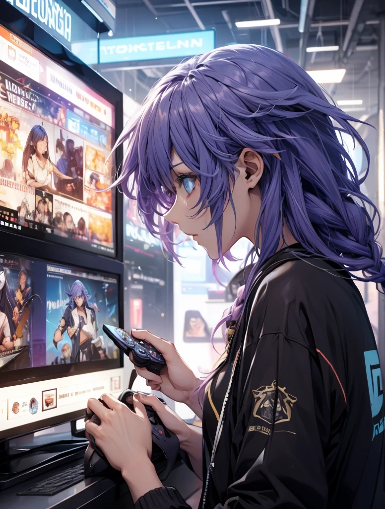  front side profile, urban clothing, playing video games