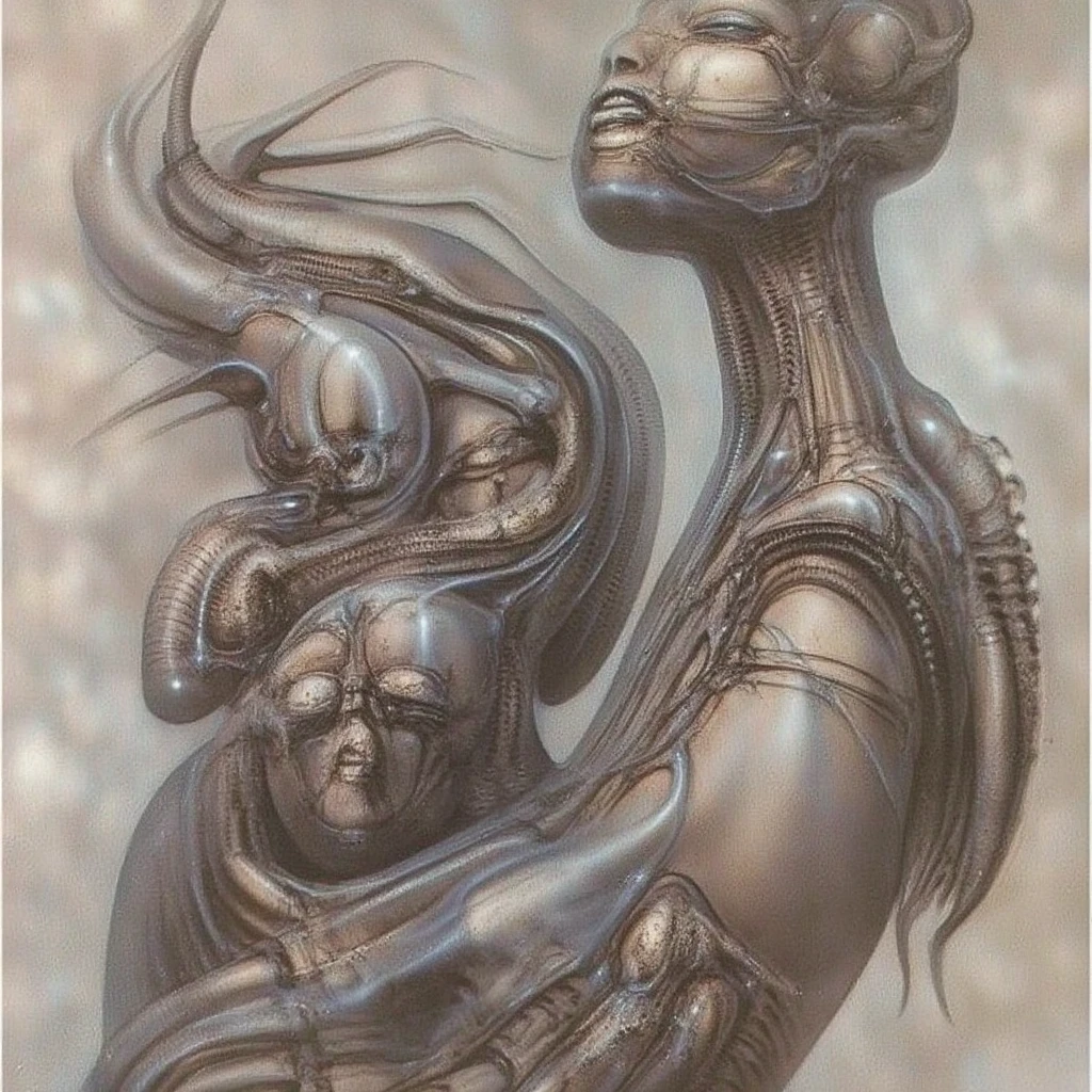 Airbrush painting, portrait of a woman's face, bald, no eyelashes, eyes closed, organic chaos  <lora:HRGigerArhPv3:1>