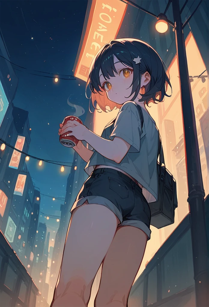 A cute girl standing in the night city, holding a can of coffee in one hand. She is wearing shorts and is looking back over her shoulder. The composition is from a low angle, with the night lights of the city in the background.