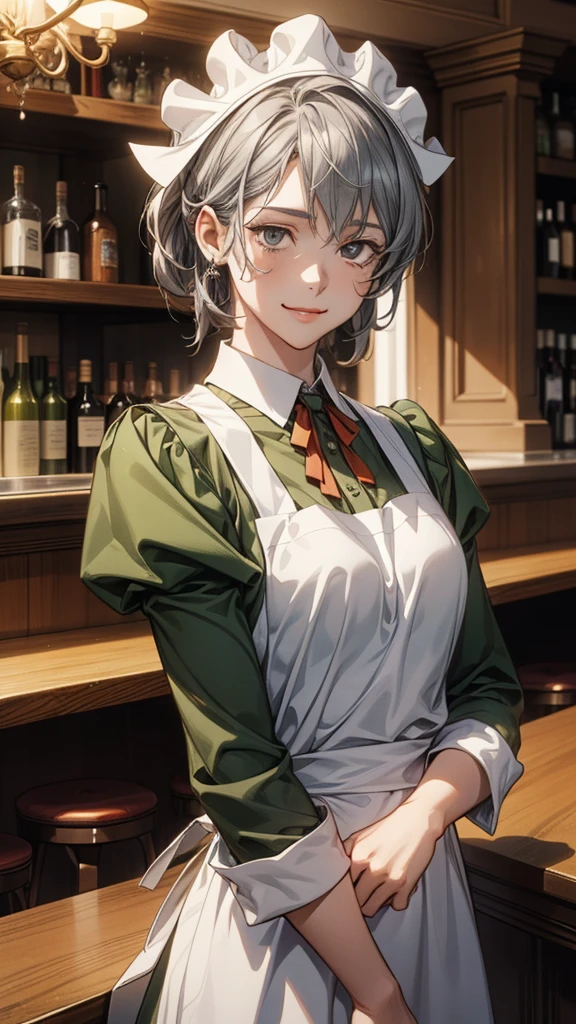 Masterpiece, incredibly absurdres, anime style, fantasy, award winning photography , extremely detailed, amazing, awesome, ultra detailed depictions artwork, fine detail, perfect anatomy, woman , solo, looking at viewer, front view:1.2, ((syr flova, grey hair)), maid headdress, green dress, apron) , (detailed beautiful face , detailed beautiful eyes, smile ), she is in a restaurant , bar, old European style,  (anatomically correct, perfect anatomy), cinematically lighting , realistic rendering , best shot , (fantasy world, beautiful nostalgic restaurant, very old European country style, intricate designs ,in background)