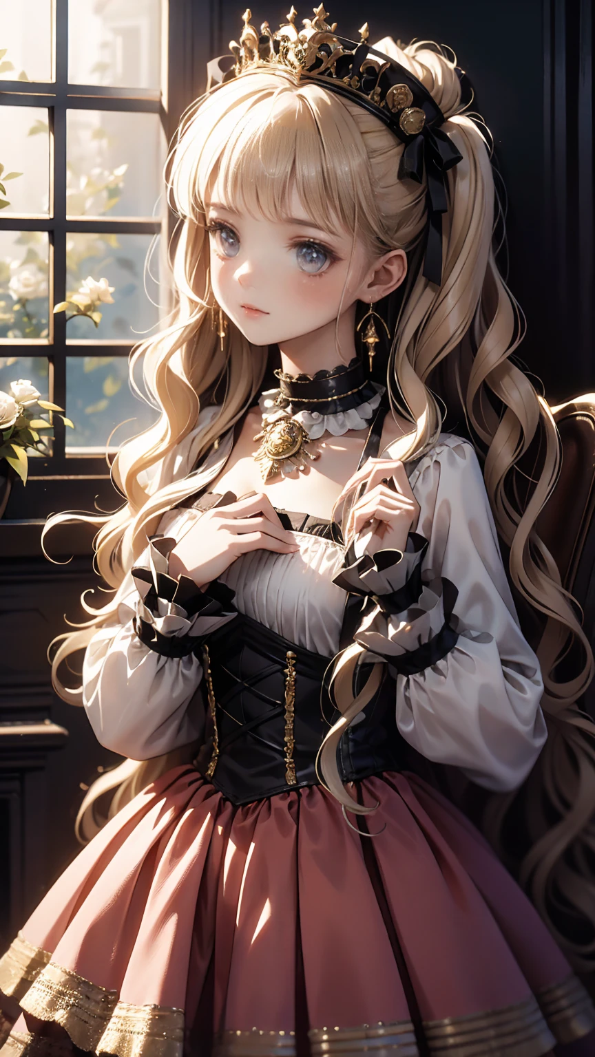 (8k, Best Quality, masterpiece: 1.2),  Ultra High Definition ,, Marie Antoinette, ultra detailed face ,fine grain, open your mouth slightly ,(blonde),Long Hair, wavy hair in front of the station, break,Rococo Ruffle Dress,Long sleeve dress, The dress has a long skirt , Baroque Dress ,  intricate fantasy dress , Gorgeous glamorous dress,  romantic dress, Costume with frills  ,lottery, Data Style, Formal Wear, Fancy Fashion, palate colors include pink and white,(pink:1.5),Class A Smile,Gold Tiara,  necklace ,Sit in a fancy chair,  hands on needs  ,( rainbow light :1.4),,Profile of a person looking out a window,The rosebush is reflected in the window,(Inside Victoria Palace)、Her eyes are shining、今彼女のblondeの髪は腰まで伸びている、Rose-colored gradation and three, 薄いpinkのロック. 彼女は花柄の装飾が施されたGold Tiaraを着用し、 Matching earrings  , white flower choker. 彼女は金色のボタンで縁取られたフリル付きの白いストライプのpinkのトップを着ている, The white sleeves are in the shape of a bud .. A magenta ribbon runs down her chest..、Tie at the back of the neck、Matching chest piece, Decorated with flowers. Her frilly skirt is divided by a white line, Fastened with a large magenta ribbon、Decorated with gold, There is a small ribbon on the back. Her mini skirt、薄いpinkのマゼンタの貝殻状の裏地と白い花のペチコートでできている. 彼女はpinkの花がついた白い手袋も着用している, 白と薄いpinkの靴には、ゆるいカフとDecorated with flowersたマゼンタのリボンがある.
