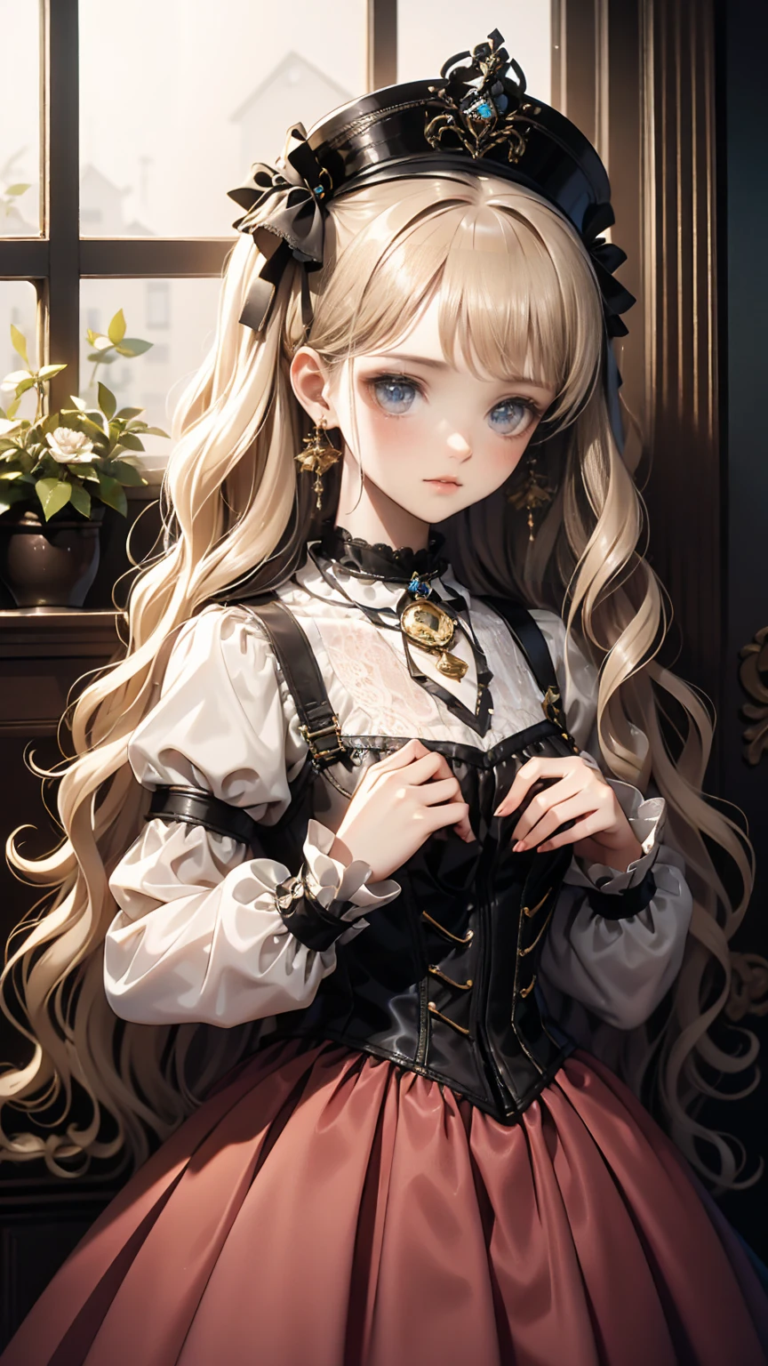 (8k, Best Quality, masterpiece: 1.2),  Ultra High Definition ,, Marie Antoinette, ultra detailed face ,fine grain, open your mouth slightly ,(blonde),Long Hair, wavy hair in front of the station, break,Rococo Ruffle Dress,Long sleeve dress, The dress has a long skirt , Baroque Dress ,  intricate fantasy dress , Gorgeous glamorous dress,  romantic dress, Costume with frills  ,lottery, Data Style, Formal Wear, Fancy Fashion, palate colors include pink and white,(pink:1.5),Class A Smile,Gold Tiara,  necklace ,Sit in a fancy chair,  hands on needs  ,( rainbow light :1.4),,Profile of a person looking out a window,The rosebush is reflected in the window,(Inside Victoria Palace)、Her eyes are shining、今彼女のblondeの髪は腰まで伸びている、Rose-colored gradation and three, 薄いpinkのロック. 彼女は花柄の装飾が施されたGold Tiaraを着用し、 Matching earrings  , white flower choker. 彼女は金色のボタンで縁取られたフリル付きの白いストライプのpinkのトップを着ている, The white sleeves are in the shape of a bud .. A magenta ribbon runs down her chest..、Tie at the back of the neck、Matching chest piece, Decorated with flowers. Her frilly skirt is divided by a white line, Fastened with a large magenta ribbon、Decorated with gold, There is a small ribbon on the back. Her mini skirt、薄いpinkのマゼンタの貝殻状の裏地と白い花のペチコートでできている. 彼女はpinkの花がついた白い手袋も着用している, 白と薄いpinkの靴には、ゆるいカフとDecorated with flowersたマゼンタのリボンがある.
