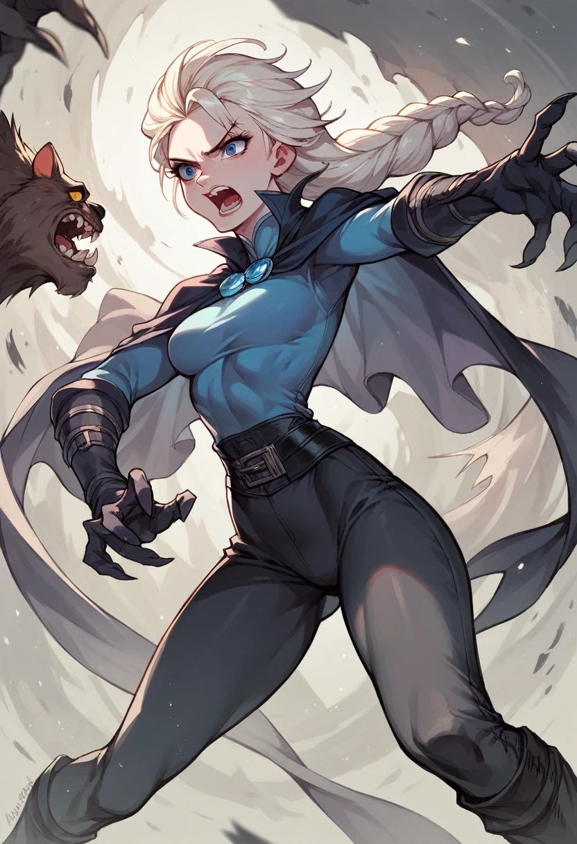 Colour image. Female disney elsa  . Fighting werewolf