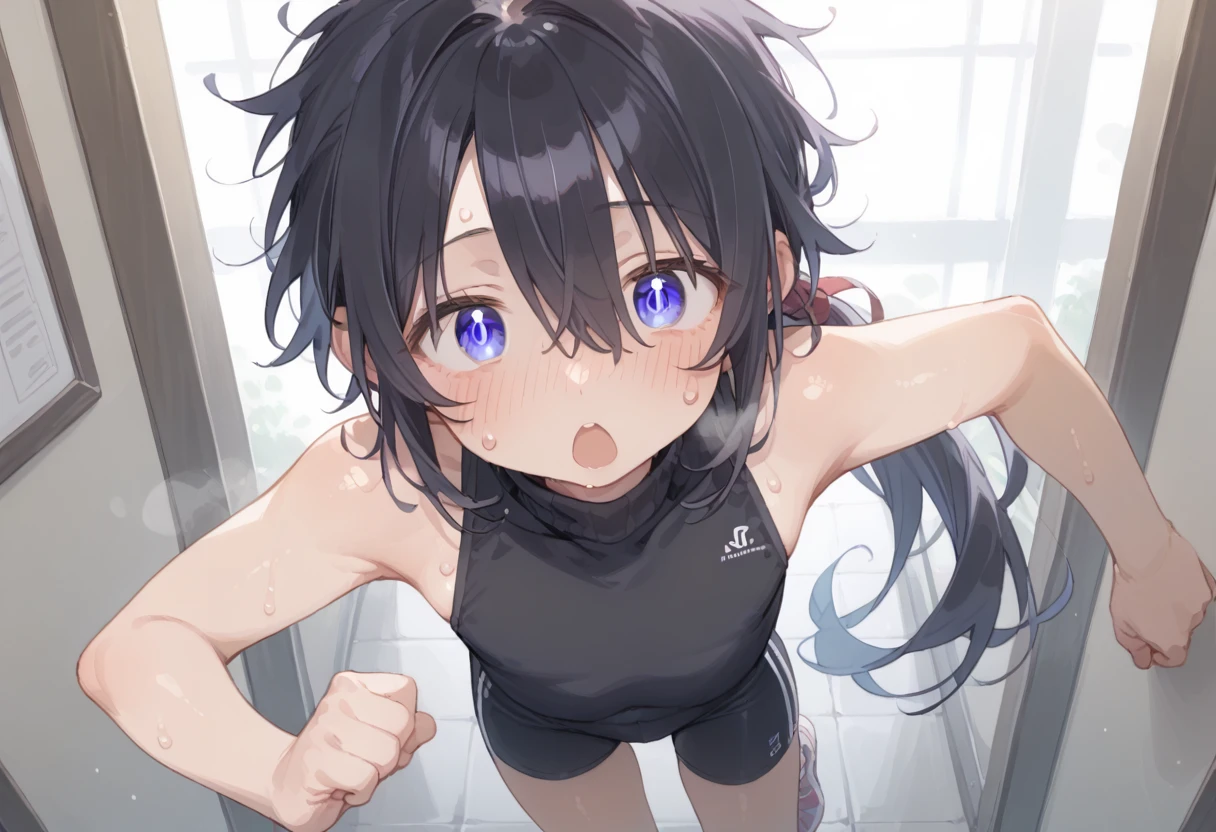 (( masterpiece, highest quality))), (girl)、NSFW、at close range:1.5、、10 years old、cute、from below、black hair、ponytail、(cotton material、She is wearing a gray sports bra and simple panties.)、angry look、anger、((close)), ((flushed)),,,Sweat、perfect lighting、perfect composition、