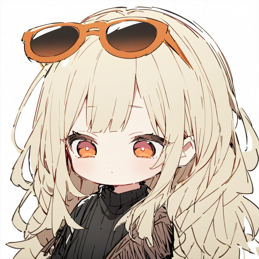 (sketch), (close), (), ( pink cheeks), ( chibi), (Marubuchi sunglasses orange),Blonde, ( long hair:1.4), ( orange eyes ), (Big Hair) , (fringe),( Knit Off Mode Sleeve), (strand),  (doze off), (White background),