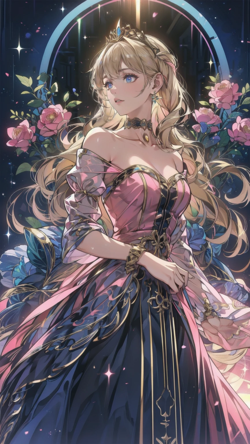 (8k, Best Quality, masterpiece: 1.2),  Ultra High Definition ,, Marie Antoinette, ultra detailed face ,fine grain, open your mouth slightly ,(blonde),Long Hair, wavy hair in front of the station, break,Rococo Ruffle Dress,Long sleeve dress, The dress has a long skirt , Baroque Dress ,  intricate fantasy dress , Gorgeous glamorous dress,  romantic dress,  Costume with frills  ,lottery, Data Style, Formal Wear, Fancy Fashion, palate colors include pink and white,(pink:1.5),Class A Smile,Gold Tiara,  necklace ,Sit in a fancy chair,  hands on needs  ,( rainbow light :1.4),,Profile of a person looking out a window,The rosebush is reflected in the window,(Inside Victoria Palace)、Her eyes are shining、今彼女のblondeの髪は腰まで伸びている、Rose-colored gradation and three, 薄いpinkのロック. 彼女は花柄の装飾が施されたGold Tiaraを着用し、 Matching earrings  , white flower choker. 彼女は金色のボタンで縁取られたフリル付きの白いストライプのpinkのトップを着ている, The white sleeves are in the shape of a bud .. A magenta ribbon runs down her chest..、Tie at the back of the neck、Matching chest piece, Decorated with flowers. Her frilly skirt is divided by a white line, Fastened with a large magenta ribbon、Decorated with gold, There is a small ribbon on the back. Her mini skirt、薄いpinkのマゼンタの貝殻状の裏地と白い花のペチコートでできている. 彼女はpinkの花がついた白い手袋も着用している, 白と薄いpinkの靴には、ゆるいカフとDecorated with flowersたマゼンタのリボンがある.
