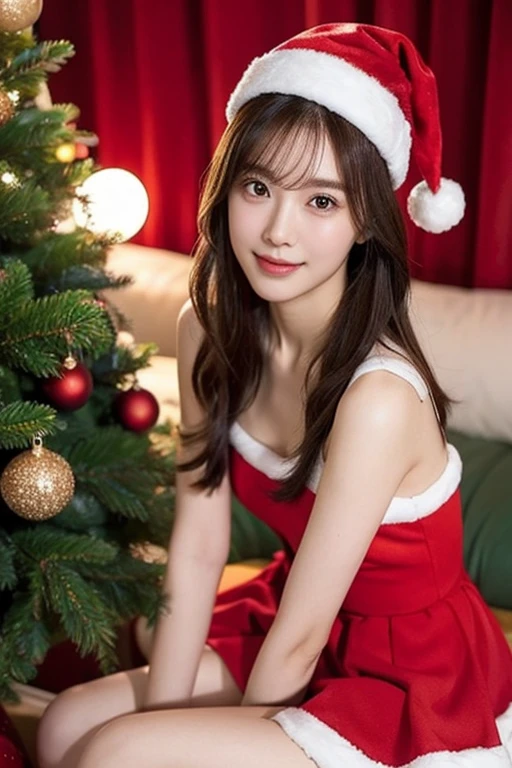        realistic figure                 , Photogenic,          先の見える明るいBrown Hair 、    Sparkling Hair、                  beautiful white translucent skin                     ,  slender    , 大きなChest,   ,small nose,  smooth jawline , Glossy face,             1 girl,           High image quality  , Long Hair, Chest、Big Breasts、, bangs, Brown Hair,            facial beauty  、          model body type      、24 years old、167 cm           、8K images、   smile、    Christmas、   Christmasの服装、Woman looks like Santa 、Santa hat、skirt、 girl sitting、 cosplay、     Red clothing、 illuminated background、Full body、 sexy、Around town
