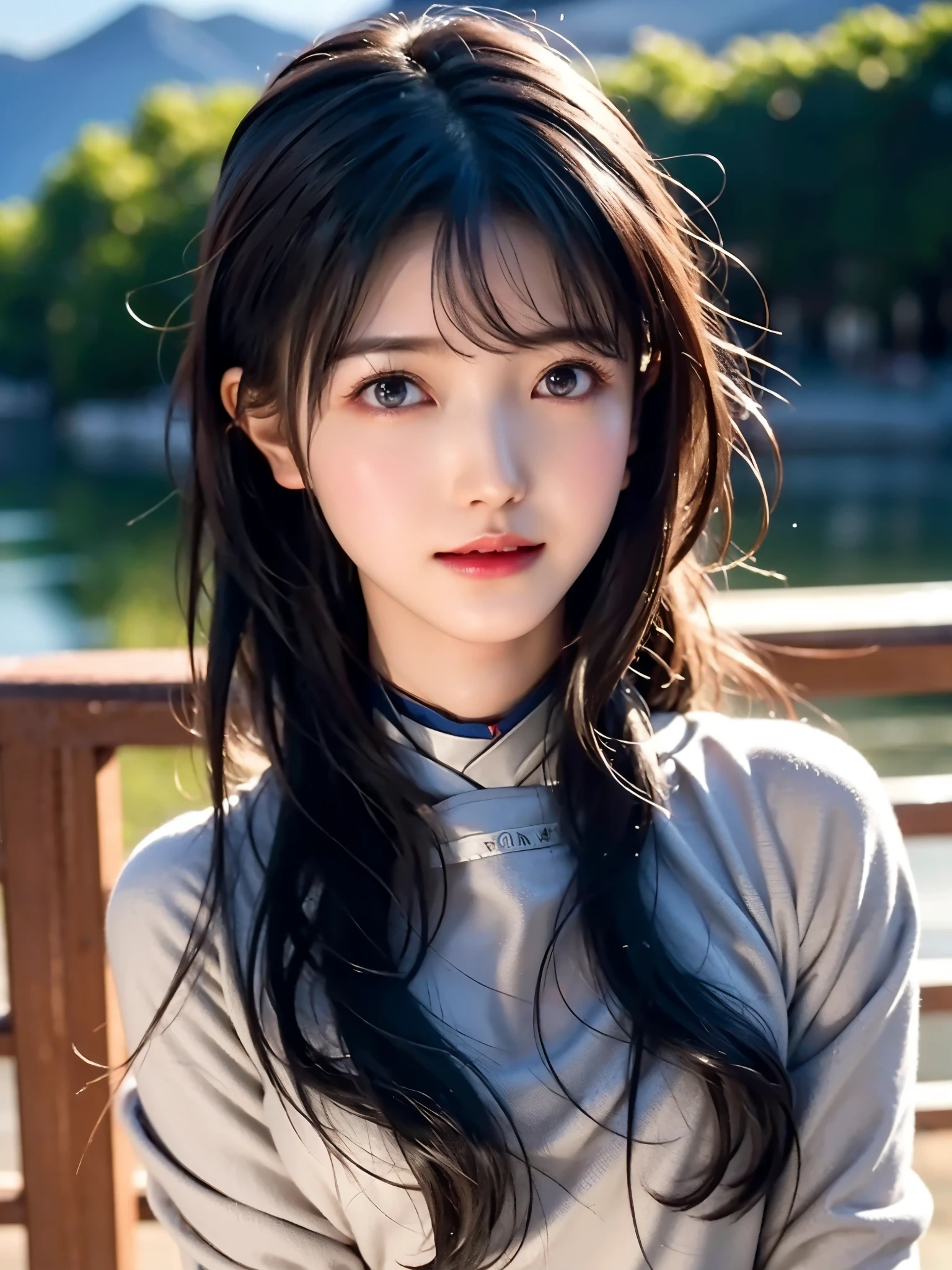  high resolution on down, 8k, Best Quality,  Details, Semi-realistic anime, 3D anime style,  Smooth Animated CG ,  one girl playing pranks,  A 20-year-old Japanese woman , slim, Modeling, Shiny black hair,  Detailsな顔, Beautiful and  Details,  Glowing Skin ,  Hard Focus 、 film grain,  Soft Lighting,  watching the audience in the cloud , smile, (Mountain Climbing Girl 、Mountaineering clothing),  Mountain Views 、City and Ocean Views 