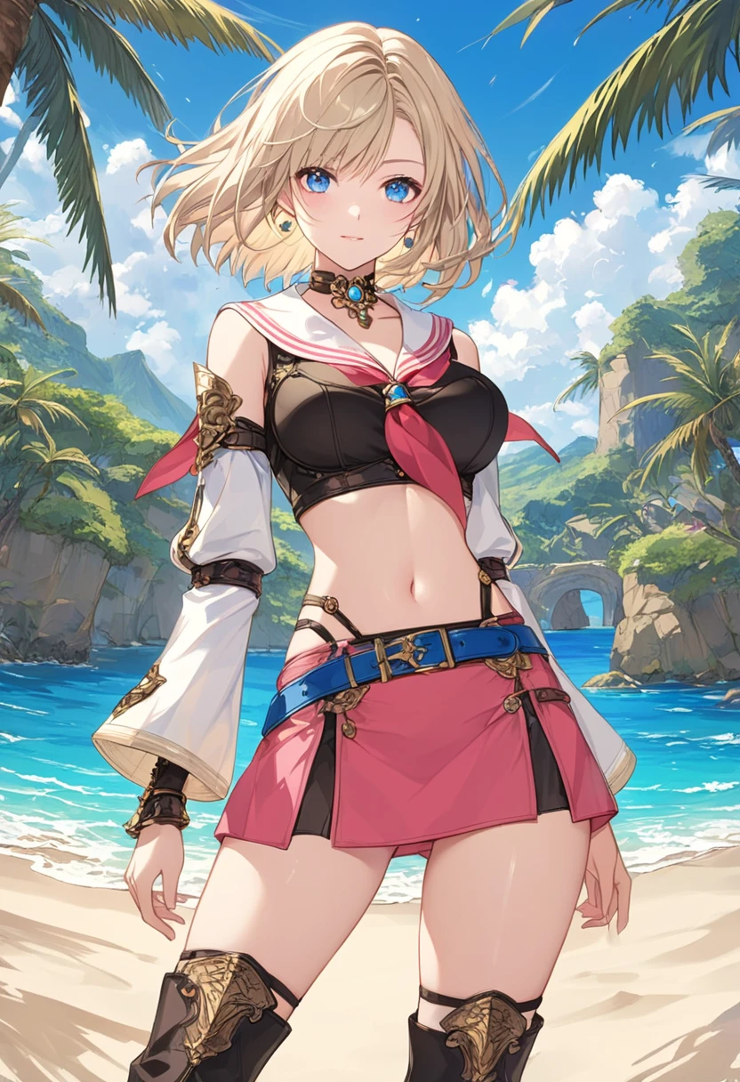 masterpiece, best quality, 8k, 4k, 1girl, ashelia final fantasy xii, Ashelia, short hair, pale blonde hair, blue eyes, white detached sailor like collar, round brooch, gold brooch with pink and blue jewel, white shirt, longer side shirt, cleavage, midriff, detached sleeves, bracer, black corset, corset under shirt, reddish pink skirt, microskirt, extremely tight skirt, super tight skirt, skirt with two slit on the side, blue belt, black high thigh with gold pattern , gold boots, slim body, looking at viewer, standing nicely, wind blowing, finely detailed eyes and detailed face, face detailed, hair detailed, clothes detailed, ((high quality)), extreme detail, beach sand, palm tree, calm water, high hills overlooking the sea, hollowed hills,  inspired by Asukaziye artist : ask, art style : ask