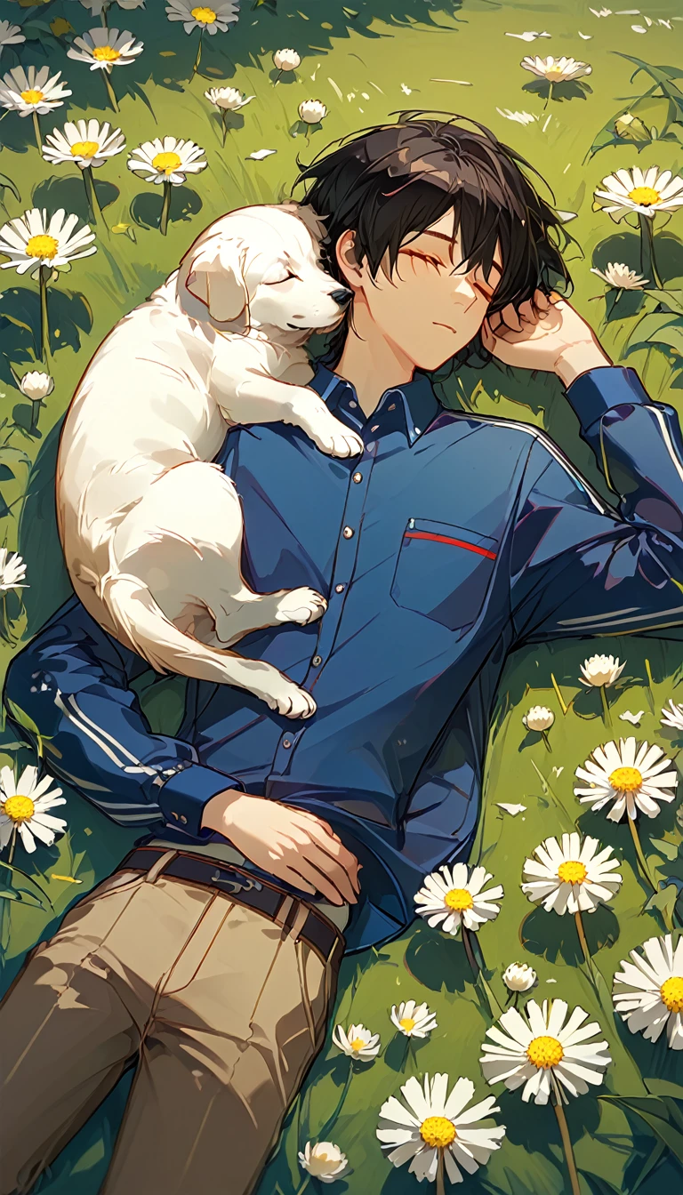 masterpiece, best quality, 8k, 4k, 1boy, , sleeping, dark blue hair with red stripes, blue long sleeve shirt, short pale brown pants with pocket, lay down on the field,  white puppy sleeping next to the boy, siberian white puppy, white dandelions fields, dandelions Taraxacum erythrosperm, wind blowing, sleeping on the fields, finely detailed eyes and detailed face, inspired by Asukaziye artist : ask, art style : ask