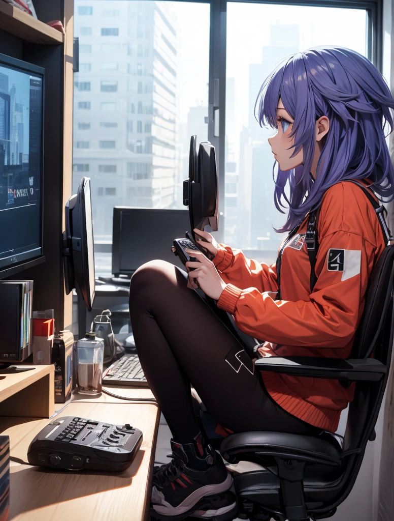  foreground,  front side profile, urban clothing, playing video games in your room