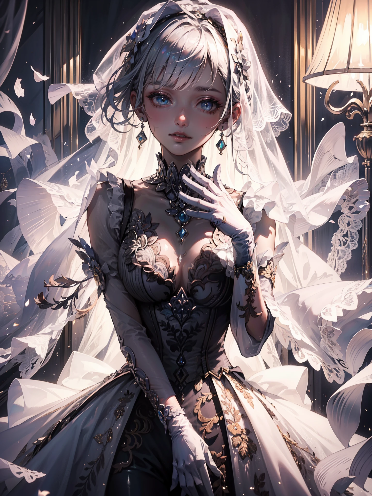 (Highest quality, High resolution, masterpiece:1.2,), figure, night, One person, whole body, (Wedding dress), Put your arms behind your back, Wait for a kiss, View your viewers, Happy, blush,