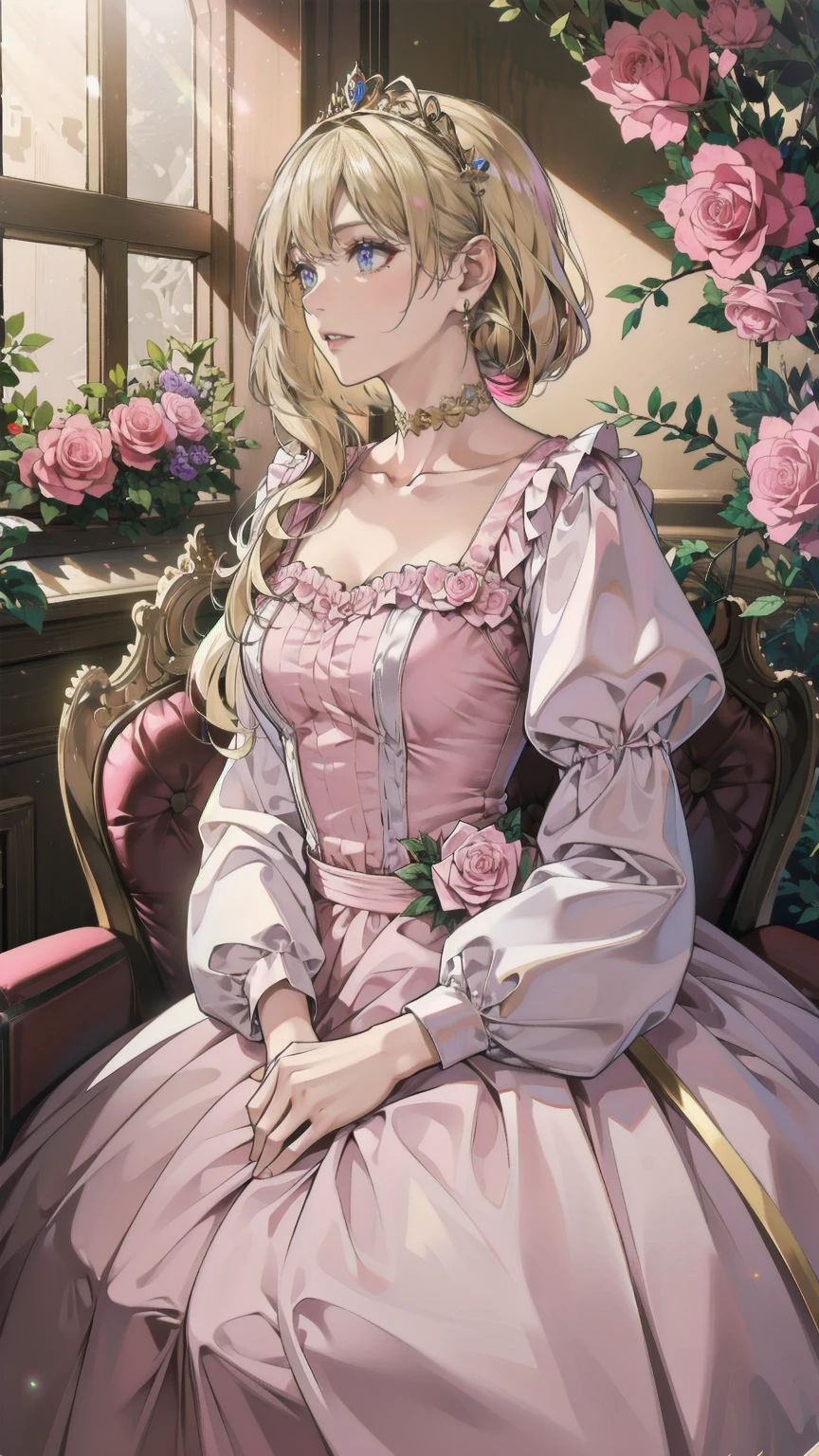 (8k, Best Quality, masterpiece: 1.2),  Ultra High Definition ,, Marie Antoinette, ultra detailed face ,fine grain, open your mouth slightly ,(blonde),Long Hair, wavy hair in front of the station, break,Rococo Ruffle Dress,Long sleeve dress, The dress has a long skirt , Baroque Dress ,  intricate fantasy dress , Gorgeous glamorous dress,  romantic dress,  Costume with frills  ,lottery, Data Style, Formal Wear, Fancy Fashion, palate colors include pink and white,(pink:1.5),Class A Smile,Gold Tiara,  necklace ,Sit in a fancy chair,  hands on needs  ,( rainbow light :1.4),,Profile of a person looking out a window,The rosebush is reflected in the window,(Inside Victoria Palace)、Her eyes are shining、今彼女のblondeの髪は腰まで伸びている、Rose-colored gradation and three, 薄いpinkのロック. 彼女は花柄の装飾が施されたGold Tiaraを着用し、 Matching earrings  , white flower choker. 彼女は金色のボタンで縁取られたフリル付きの白いストライプのpinkのトップを着ている, The white sleeves are in the shape of a bud .. A magenta ribbon runs down her chest..、Tie at the back of the neck、Matching chest piece, Decorated with flowers. Her frilly skirt is divided by a white line, Fastened with a large magenta ribbon、Decorated with gold, There is a small ribbon on the back. Her mini skirt、薄いpinkのマゼンタの貝殻状の裏地と白い花のペチコートでできている. 彼女はpinkの花がついた白い手袋も着用している, 白と薄いpinkの靴には、ゆるいカフとDecorated with flowersたマゼンタのリボンがある.
