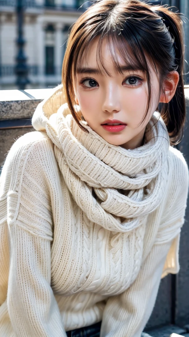  ponytail, White scarf , 上半身はWhite knitted sweaterを着用, Seductive lips ,(( White knitted sweater 1.3 )),  lip gloss, Seductive lips, 艶やかな lip gloss, , ((  eyes staring at the viewer )), Iris , SharpEye, High Concentration  ,  eye makeup  , Natural tear troughs, small nose,Beautiful Nose, Best Quality, 最High image quality, Realistic, ( High image quality:1.2), , ( 1 on the face .3 ), autumn, Wear warm clothes,  Stylish , Paris cityscape,  Stylish な街並み, White scarf着用, , White knitted sweater, Moe Sleeve,  I'm taking pictures from afar  , is crouching , Exposed Legs ,  delicate and sexy lady's hand,  unexposed upper body 