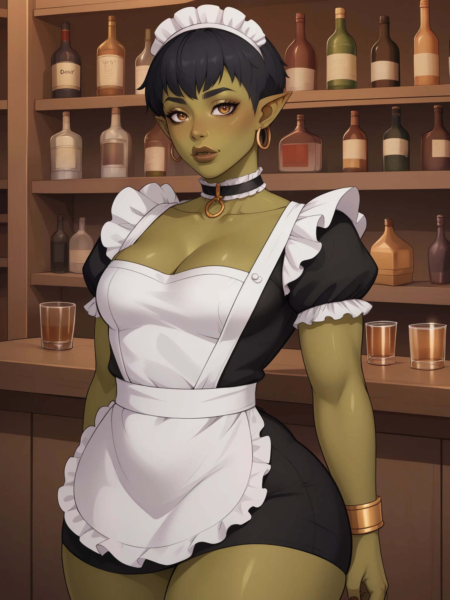 Orc Girl. random eye color. dark green skin. very short hairstyle. choker. random lips color. earrings. gold bracelets. small breasts. huge hips. maid. bar, 