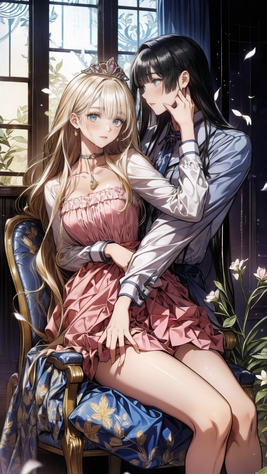 (8k, Best Quality, masterpiece: 1.2),  Ultra High Definition ,, Marie Antoinette, ultra detailed face ,fine grain, open your mouth slightly ,(blonde),Long Hair, wavy hair in front of the station, break,Rococo Ruffle Dress,Long sleeve dress, The dress has a long skirt , Baroque Dress ,  intricate fantasy dress , Gorgeous glamorous dress,  romantic dress, Costume with frills  ,lottery, Data Style, Formal Wear, Fancy Fashion, palate colors include pink and white,(pink:1.5),Class A Smile,Gold Tiara,  necklace ,Sit in a fancy chair,  hands on needs  ,( rainbow light :1.4),,Profile of a person looking out a window,The rosebush is reflected in the window,(Inside Victoria Palace)、Her eyes are shining、今彼女のblondeの髪は腰まで伸びている、Rose-colored gradation and three, 薄いpinkのロック. 彼女は花柄の装飾が施されたGold Tiaraを着用し、 Matching earrings  , white flower choker. 彼女は金色のボタンで縁取られたフリル付きの白いストライプのpinkのトップを着ている, The white sleeves are in the shape of a bud .. A magenta ribbon runs down her chest..、Tie at the back of the neck、Matching chest piece, Decorated with flowers. Her frilly skirt is divided by a white line, Fastened with a large magenta ribbon、Decorated with gold, There is a small ribbon on the back. Her mini skirt、薄いpinkのマゼンタの貝殻状の裏地と白い花のペチコートでできている. 彼女はpinkの花がついた白い手袋も着用している, 白と薄いpinkの靴には、ゆるいカフとDecorated with flowersたマゼンタのリボンがある.
