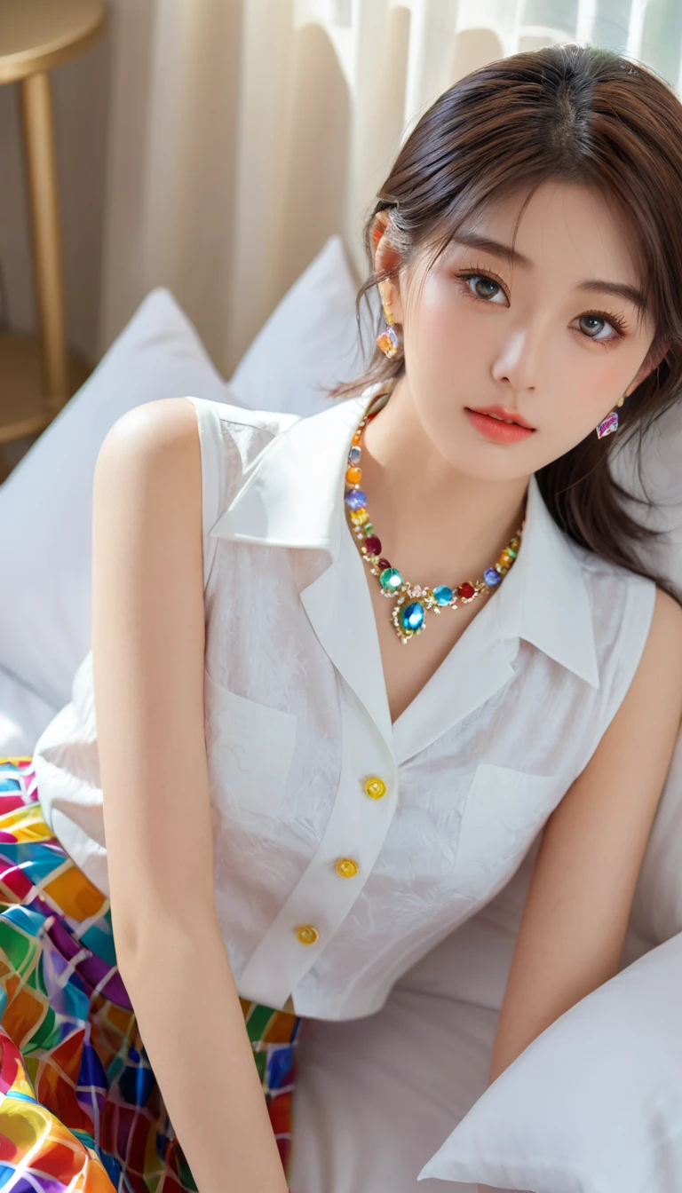 (Ultra HD 8K quality，The subject：An -yeld press in a luxury villa)blue color eyes, (golden hair:1.2),Wearing a gemstone necklace,Gold bracelet,Gem earring,Noble temperament,Sitting on the living room sofa。