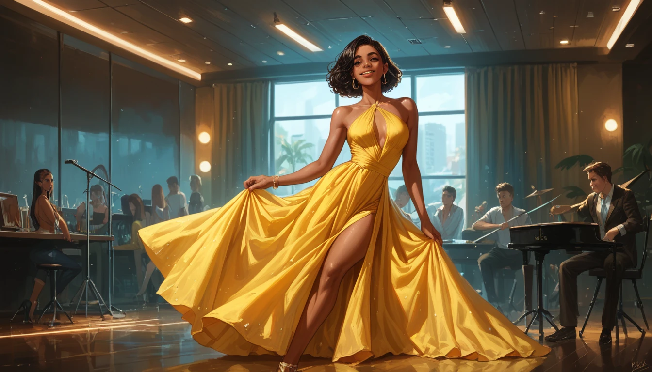 Ultra Realistic,Tiana, wearing sexy dress, dancing, crowded nightclub, dramatic makeup, spotlight, god rays, volumetric smoke in the background , elegant, <lora:Cine Princesses:1> <lora:EnvyEleganceXL01:1>