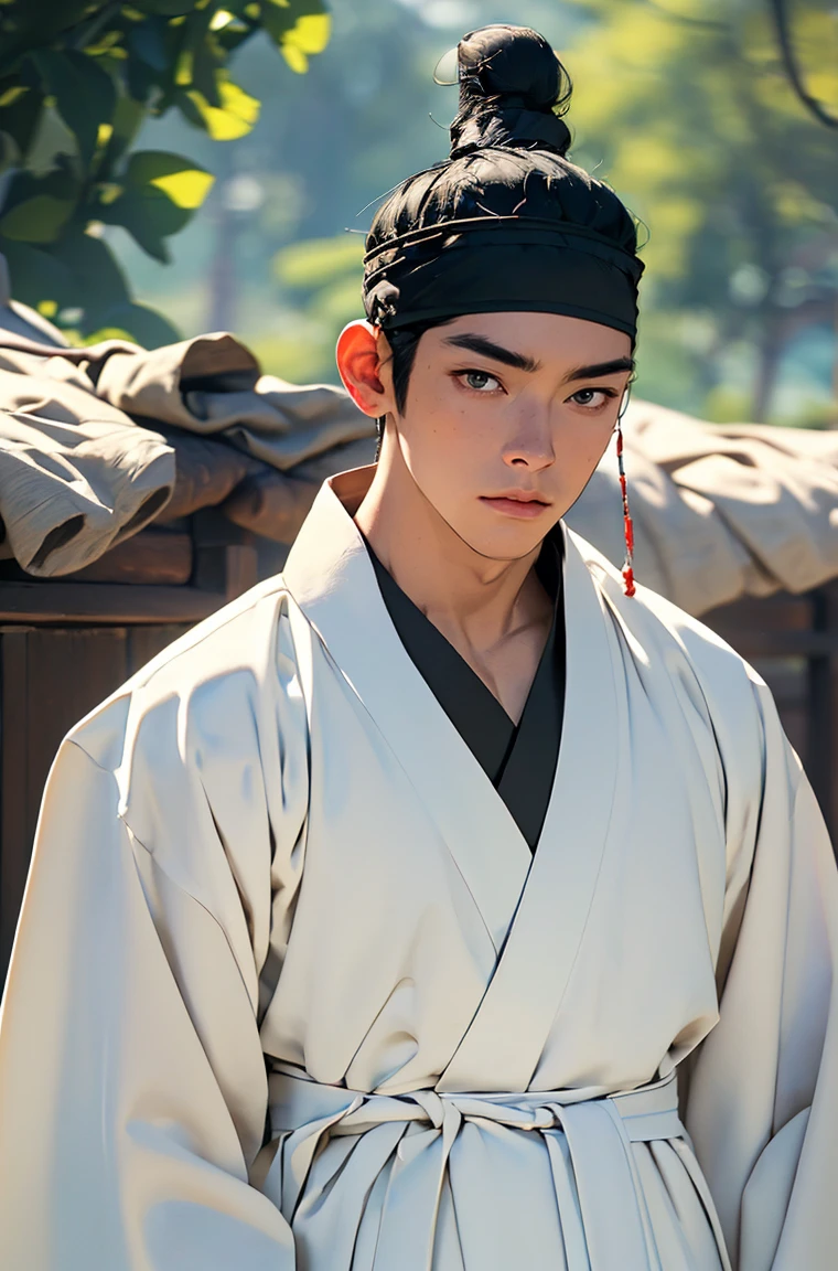 (absurdres, highres, masterpiece, best quality, ultra-realistic,ultra-detailed,(beautiful detailed face and eyes and hair:1.1),handsome,asian man,muscular,black hair,black eyes,datailed face,topknot,see-through headband,white hanbok,little sad,upper body, day of sea