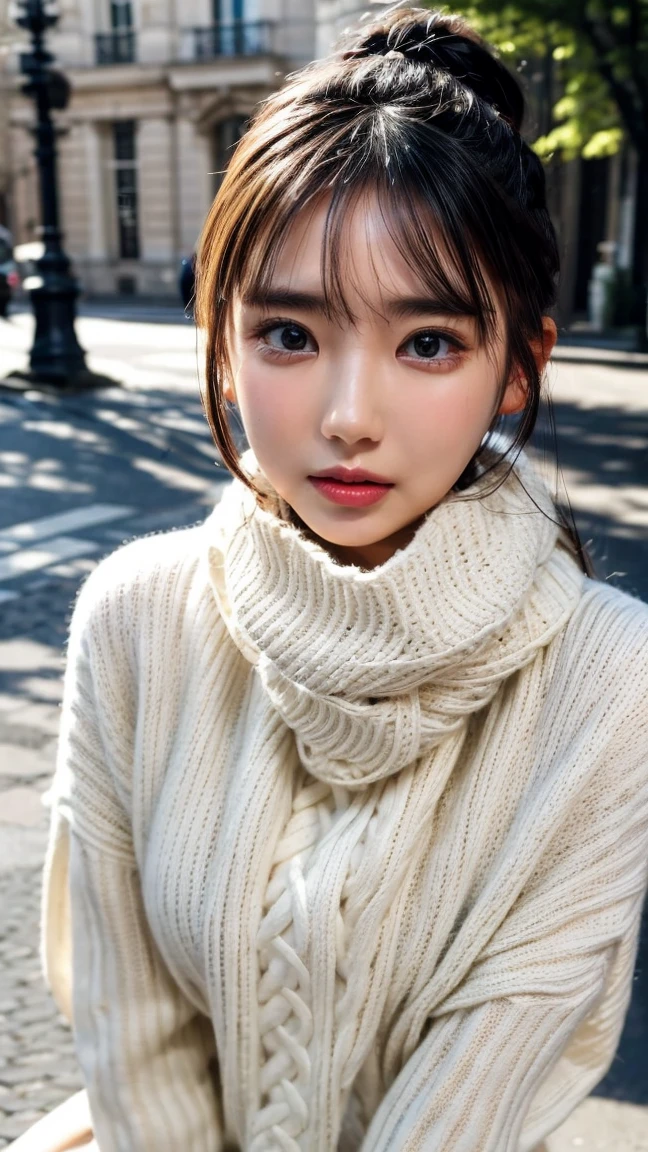  ponytail, White scarf , 上半身はWhite knitted sweaterを着用, Seductive lips ,(( White knitted sweater 1.3 )),  lip gloss, Seductive lips, 艶やかな lip gloss, , ((  eyes staring at the viewer )), Iris , SharpEye, High Concentration  ,  eye makeup  , Natural tear troughs, small nose,Beautiful Nose, Best Quality, 最High image quality, Realistic, ( High image quality:1.2), , ( 1 on the face .3 ), autumn, Wear warm clothes,  Stylish , Paris cityscape,  Stylish な街並み, White scarf着用, , White knitted sweater, Moe Sleeve,  I'm taking pictures from afar  , is crouching , Exposed Legs ,  delicate and sexy lady's hand,  unexposed upper body , 