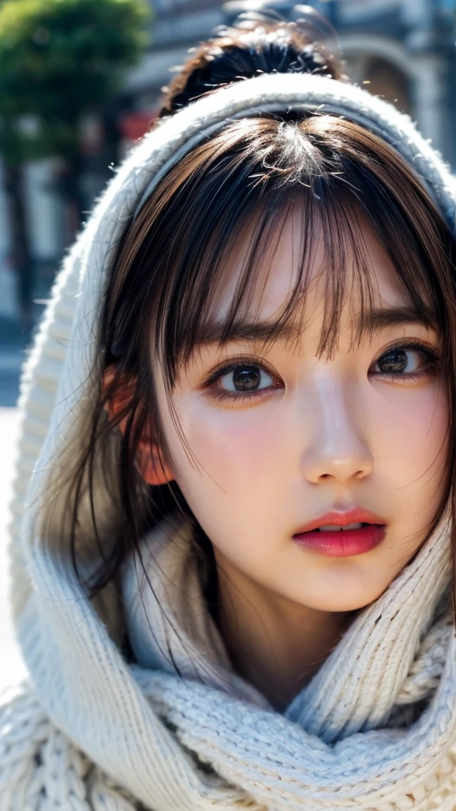  ponytail, White scarf , 上半身はWhite knitted sweaterを着用, Seductive lips ,(( White knitted sweater 1.3 )),  lip gloss, Seductive lips, 艶やかな lip gloss, , ((  eyes staring at the viewer )), Iris , SharpEye, High Concentration  ,  eye makeup  , Natural tear troughs, small nose,Beautiful Nose, Best Quality, 最High image quality, Realistic, ( High image quality:1.2), , ( 1 on the face .3 ), autumn, Wear warm clothes,  Stylish , Paris cityscape,  Stylish な街並み, White scarf着用, , White knitted sweater, Moe Sleeve,  I'm taking pictures from afar  , is crouching , Exposed Legs ,  delicate and sexy lady's hand,  unexposed upper body , 